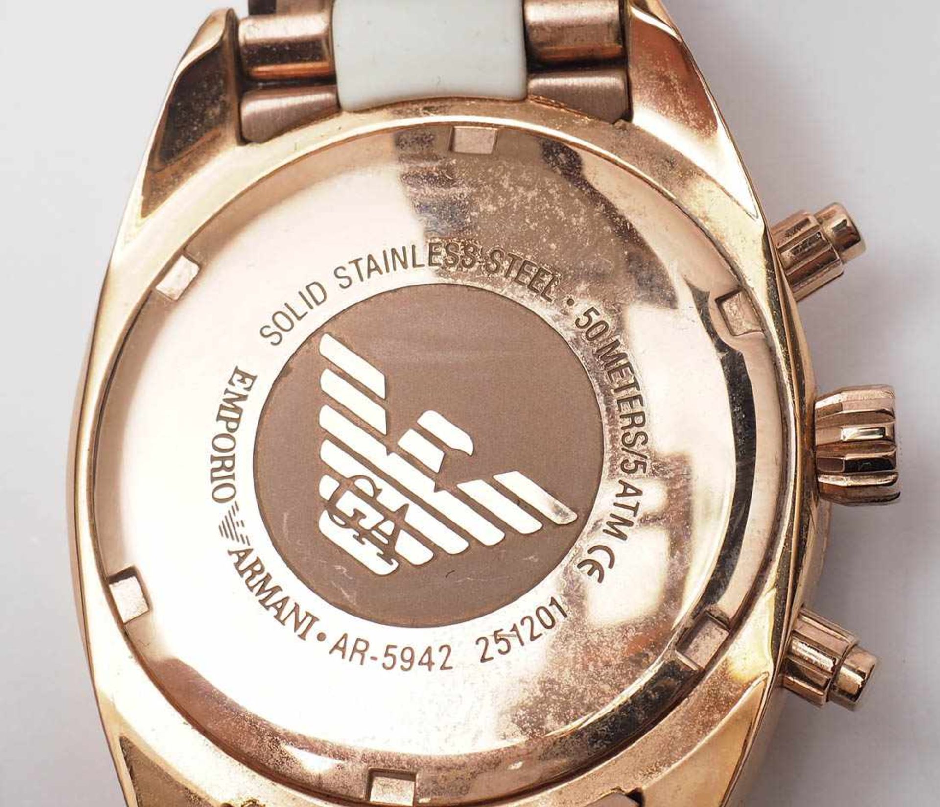 Herren-Armbanduhr, Emporio Armani Chronograph. Vergoldetes Gehäuse und Band, Band und Lünette mit - Bild 4 aus 4