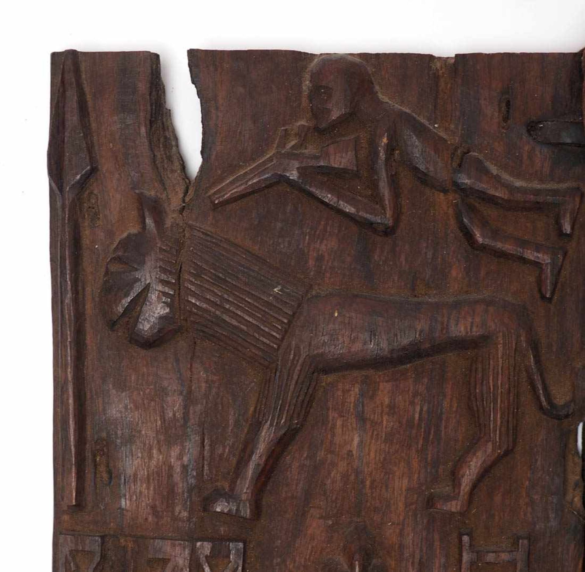 Kornspeichertür, Dogon, Mali Fein geschnitzt, mit menschlichen Figuren, Löwen und Jägern. 50x36cm. - Bild 2 aus 13
