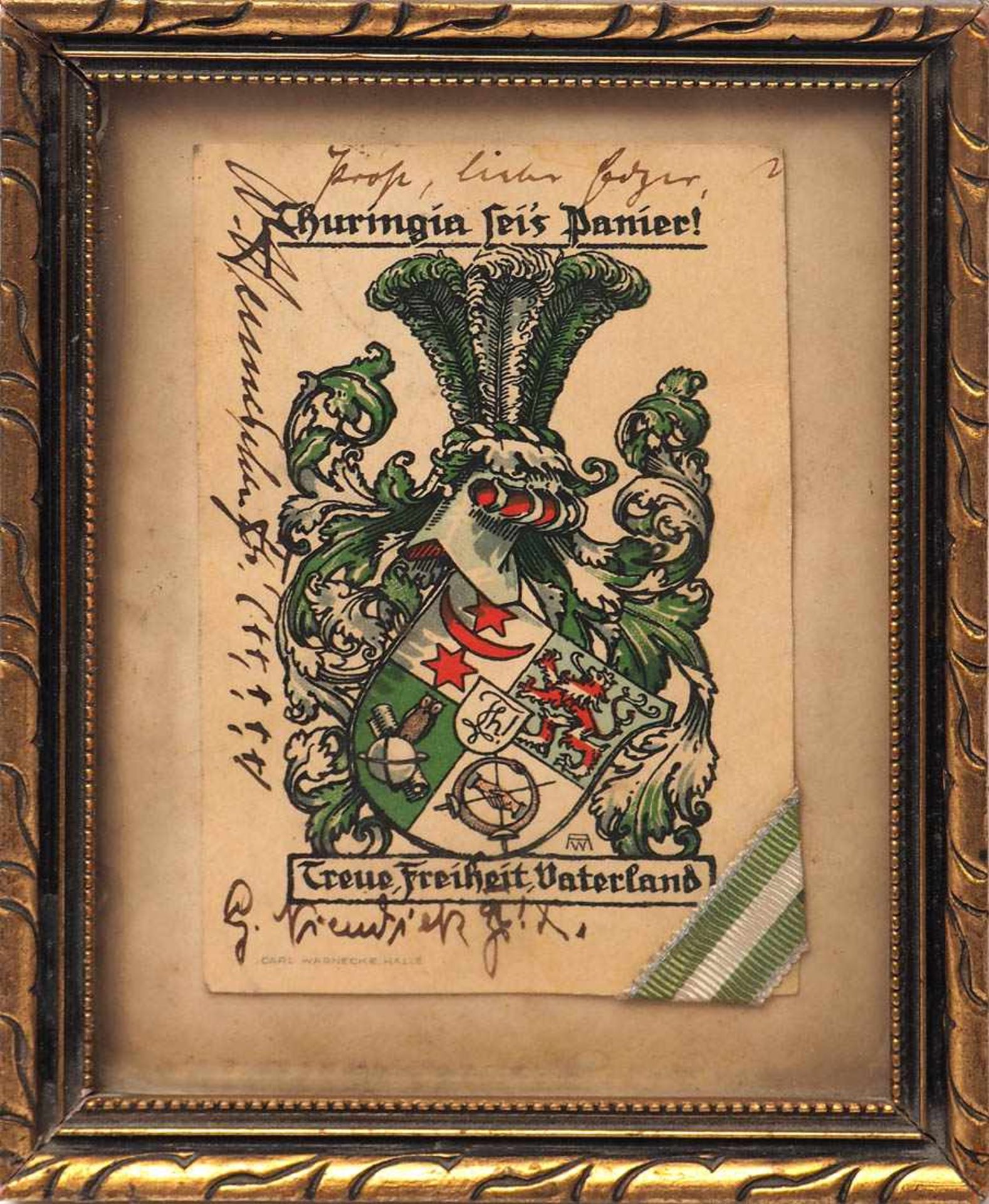 Verbindungswappen, 19.Jhdt. Wappen der Thuringia mit Widmungsinschrift und Stück eines Bandes.