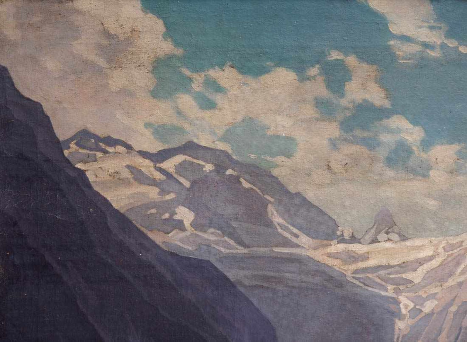 Lipps, H., dat.1922 Alpensee mit einsamem Fischerboot. Im Hintergrund die schneebedeckten Berge - Bild 2 aus 11