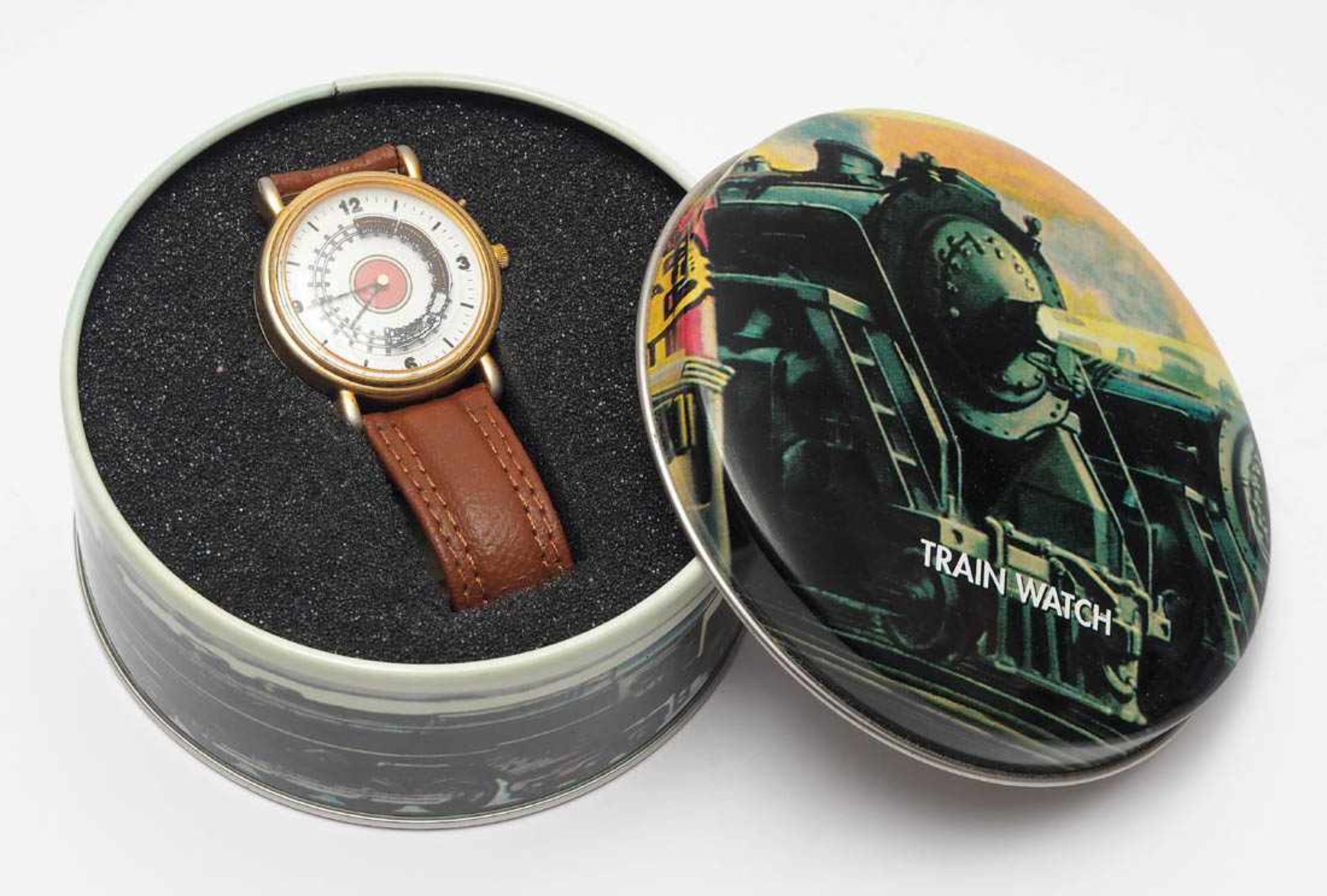 Herrenarmbanduhr, Modell Train Watch Mit Lederband. Originelle Armbanduhr mit Zuggeräuschen auf