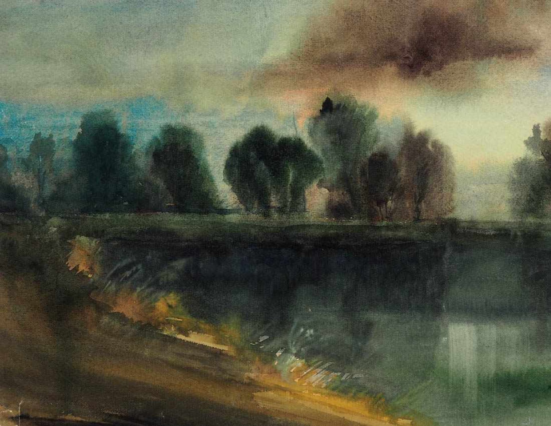 Frahm-Hessler, Franz, 1898 - 1990 Herbstliche Landschaft mit baumumstandenem See. Aquarell, links
