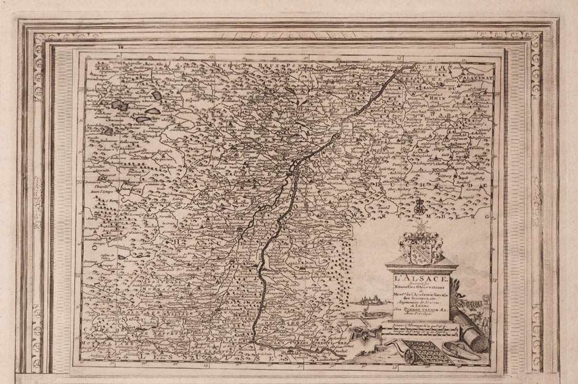 Landkarte des Elsass, 17./18.Jhdt. Rechts unten Wappenkartusche von Straßburg. Blattgröße 30x43,