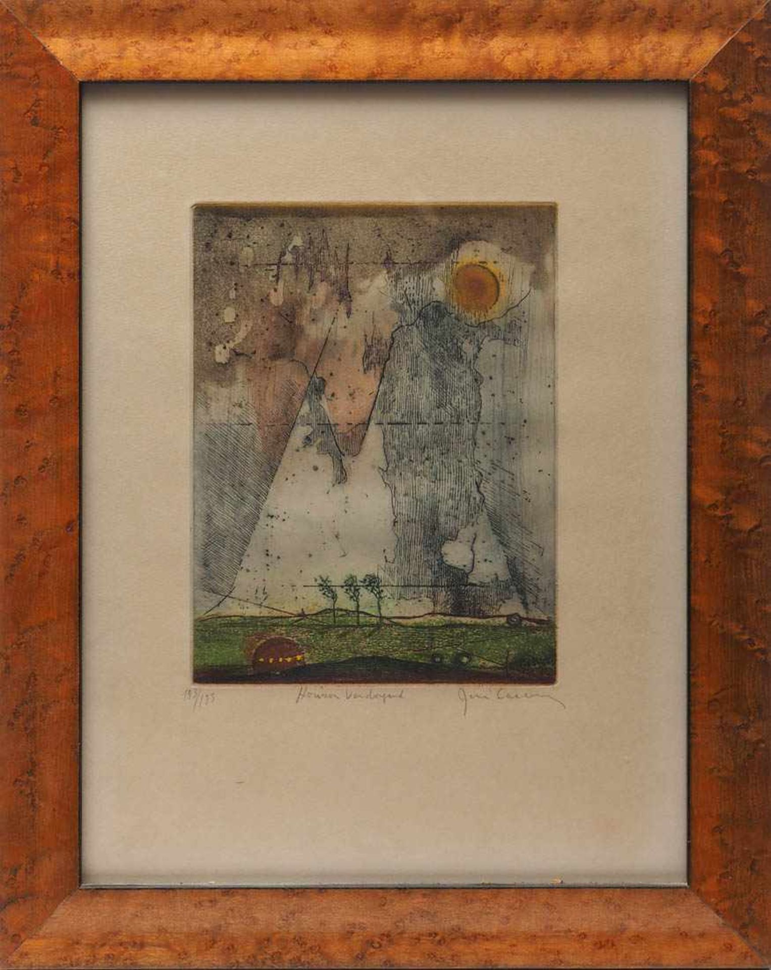 Carcan, René, 1925 - 1993 Surrealistische Landschaft. Farbradierung, rechts unten handsign., links
