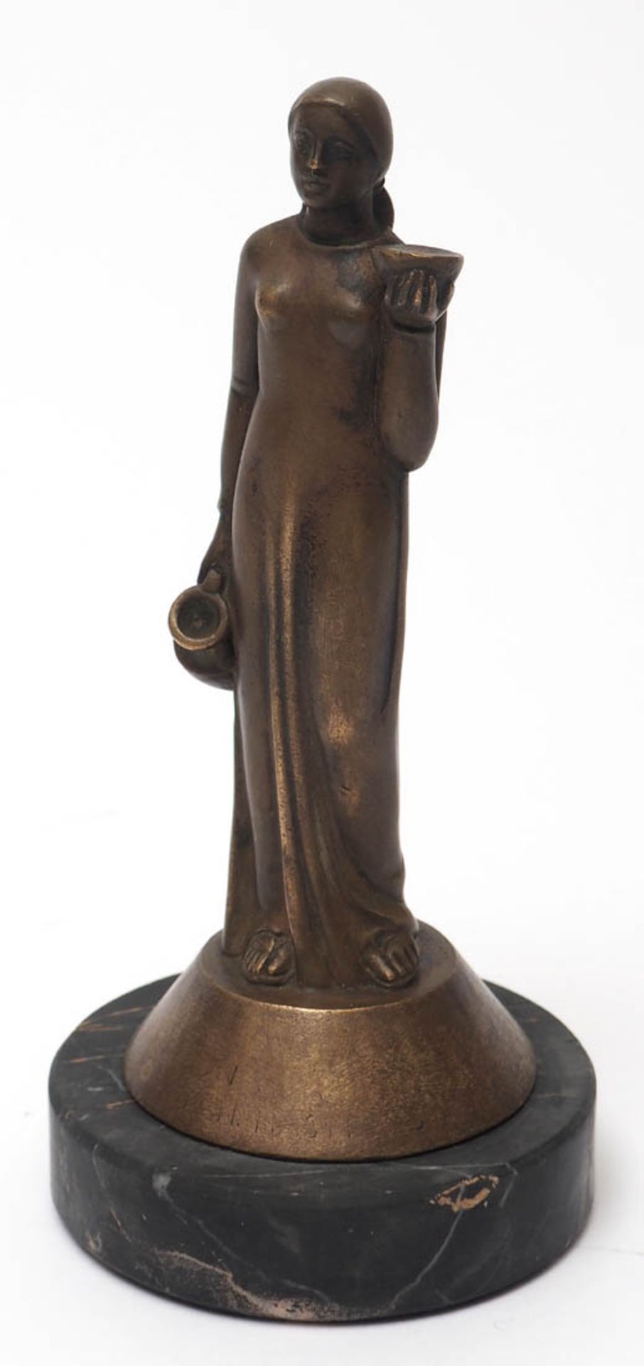 Figurine, 20er Jahre Auf runder Marmorplinthe kegelförmiger Sockel. Darauf Dame in bodenlangem - Bild 2 aus 3