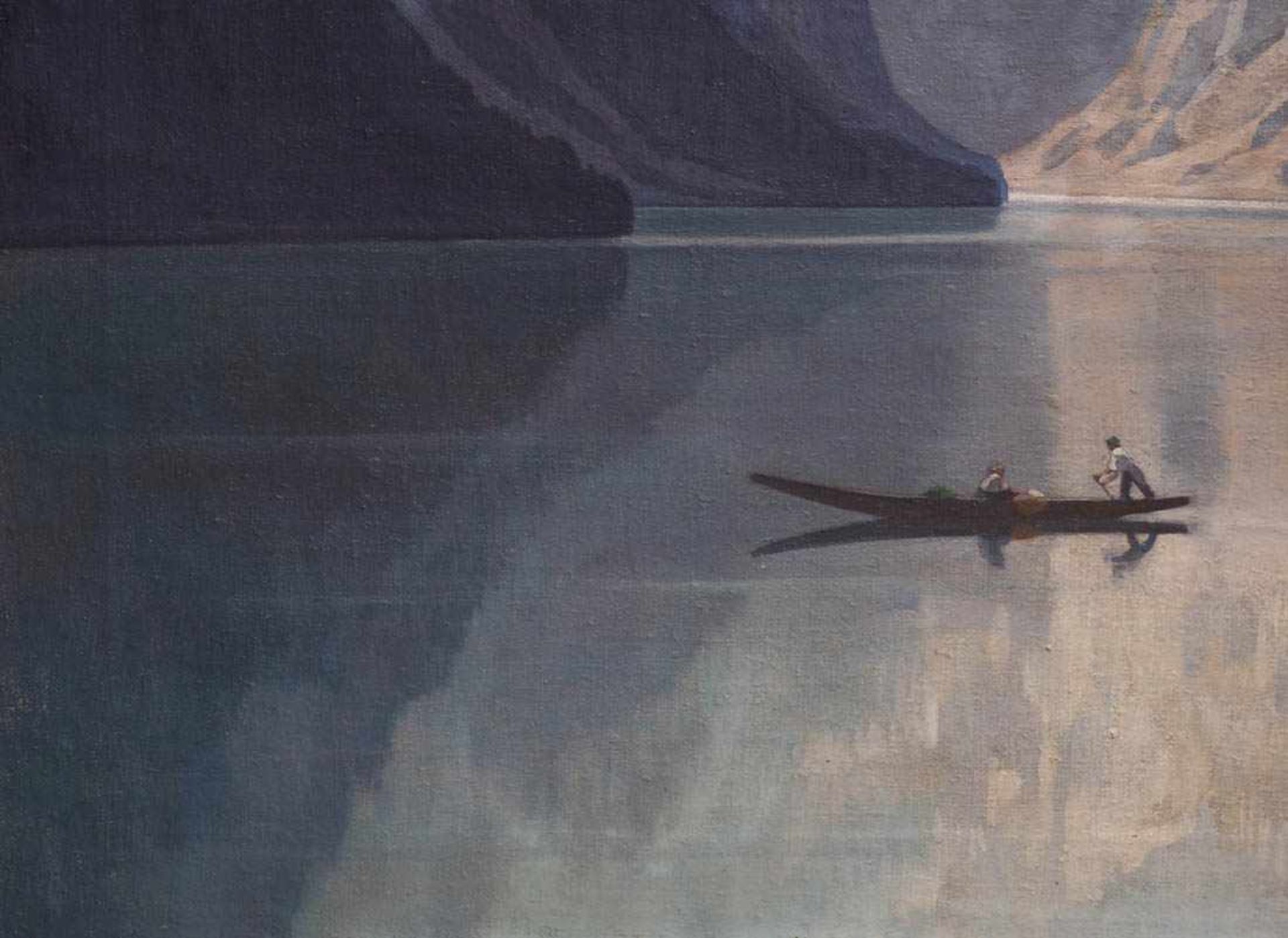 Lipps, H., dat.1922 Alpensee mit einsamem Fischerboot. Im Hintergrund die schneebedeckten Berge - Bild 5 aus 11
