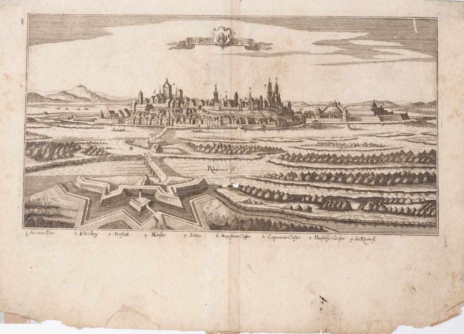 Zwei Ansichten von Breisach Eine mit Ansicht der Schlacht von 1638. Unterschiedliche Größen.