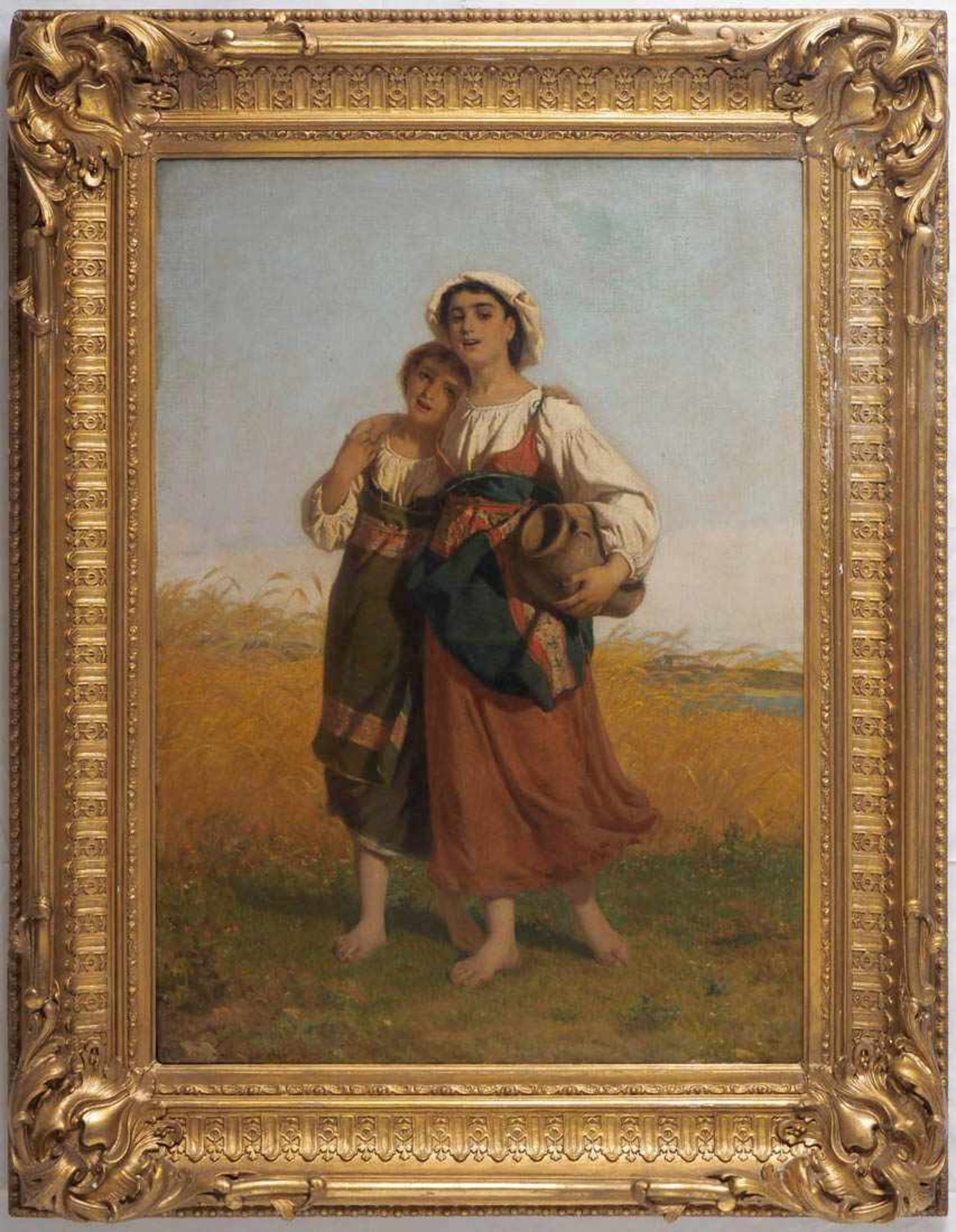 Bechi, Luigi, 1830 - 1919 Zwei Bauernmädchen mit einem Tonkrug vor einem goldgelben Weizenfeld. Öl/