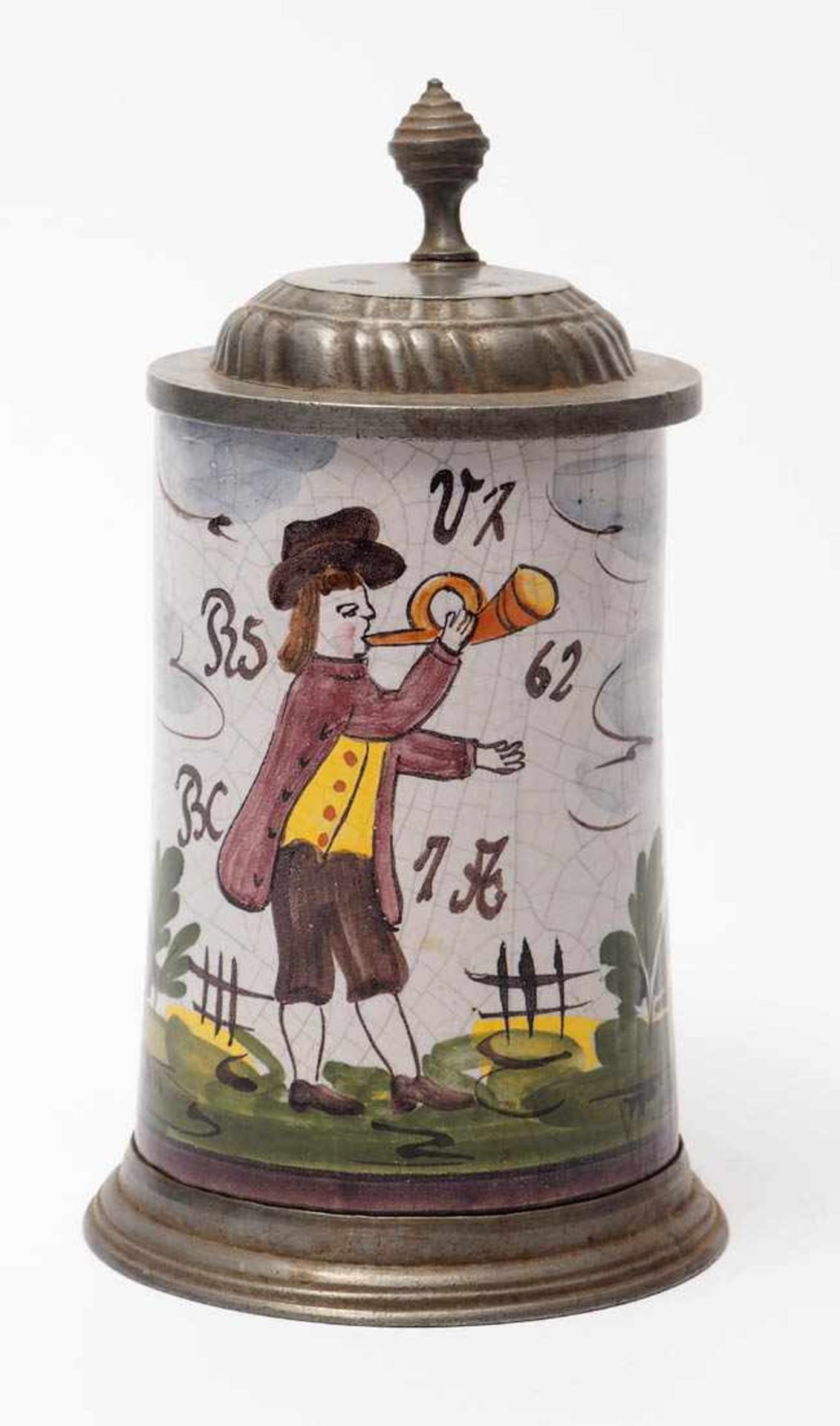 Bierkrug, dat.1762 Auf profiliertem Zinnstandfuß konischer Korpus mit Ohrenhenkel. Reliefierter - Bild 2 aus 6