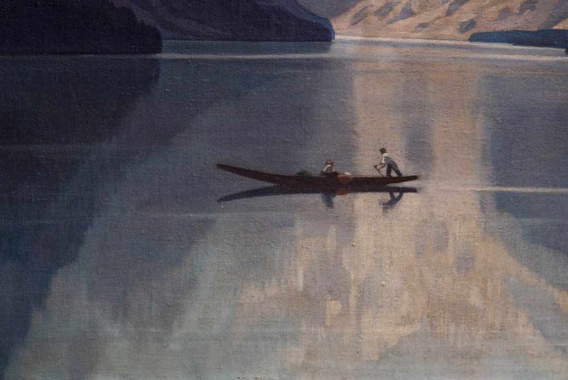 Lipps, H., dat.1922 Alpensee mit einsamem Fischerboot. Im Hintergrund die schneebedeckten Berge - Bild 4 aus 11
