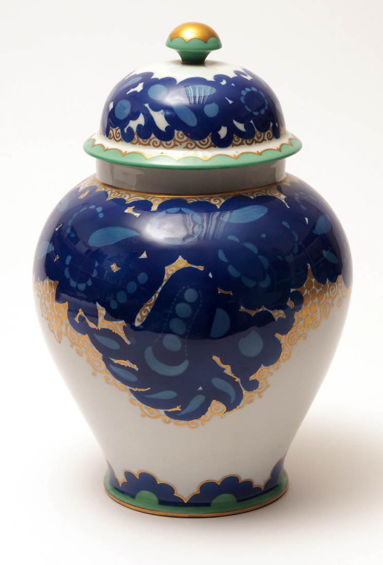 Designvase, Julius Guldbrandsen für Rosenthal Dekor Rosari in Blau und Gold. Auf dem Boden bez.