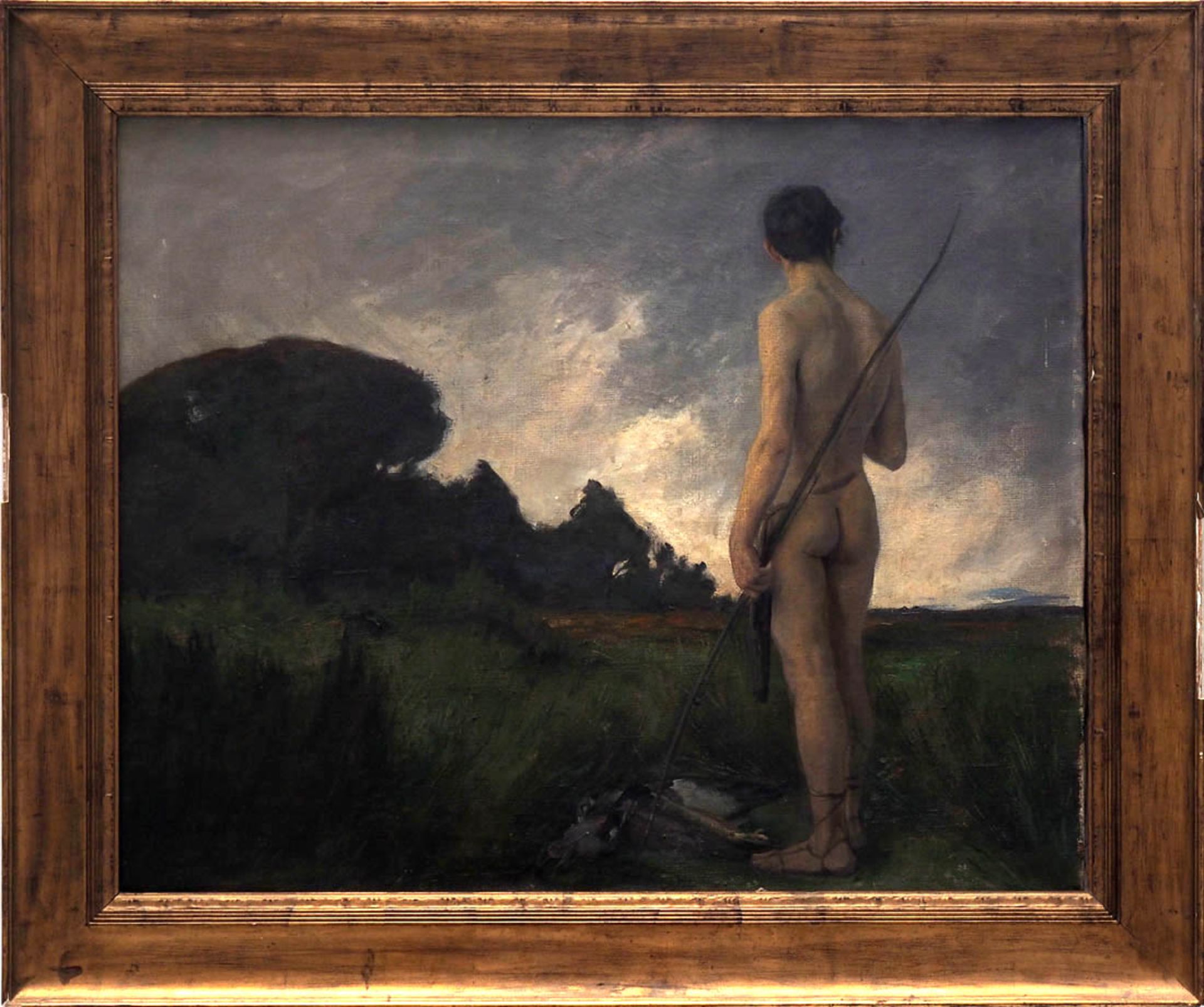 Schmidlin, Adolf, 1868 - 1954 Stehender, männlicher Rückenakt, in wolkenverhangene Landschaft