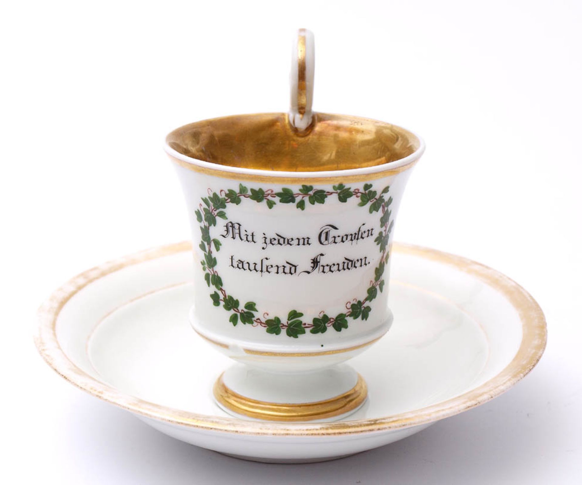 Andenkentasse, Meissen, 19.Jhdt. Tiefgemuldete Untertasse, Glockenbechertasse mit Campanerhenkel. - Bild 2 aus 2