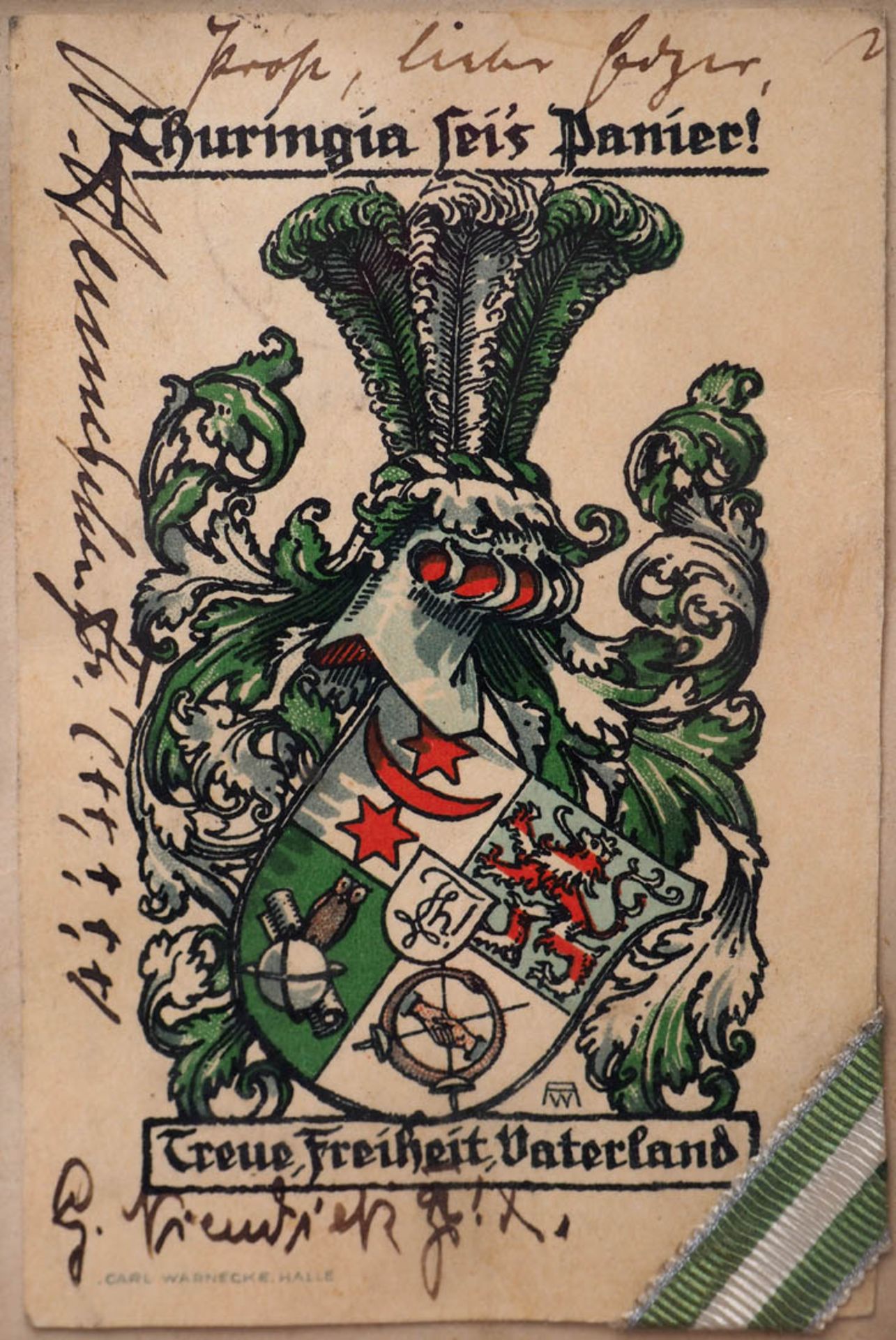 Verbindungswappen, 19.Jhdt. Wappen der Thuringia mit Widmungsinschrift und Stück eines Bandes. - Bild 2 aus 2