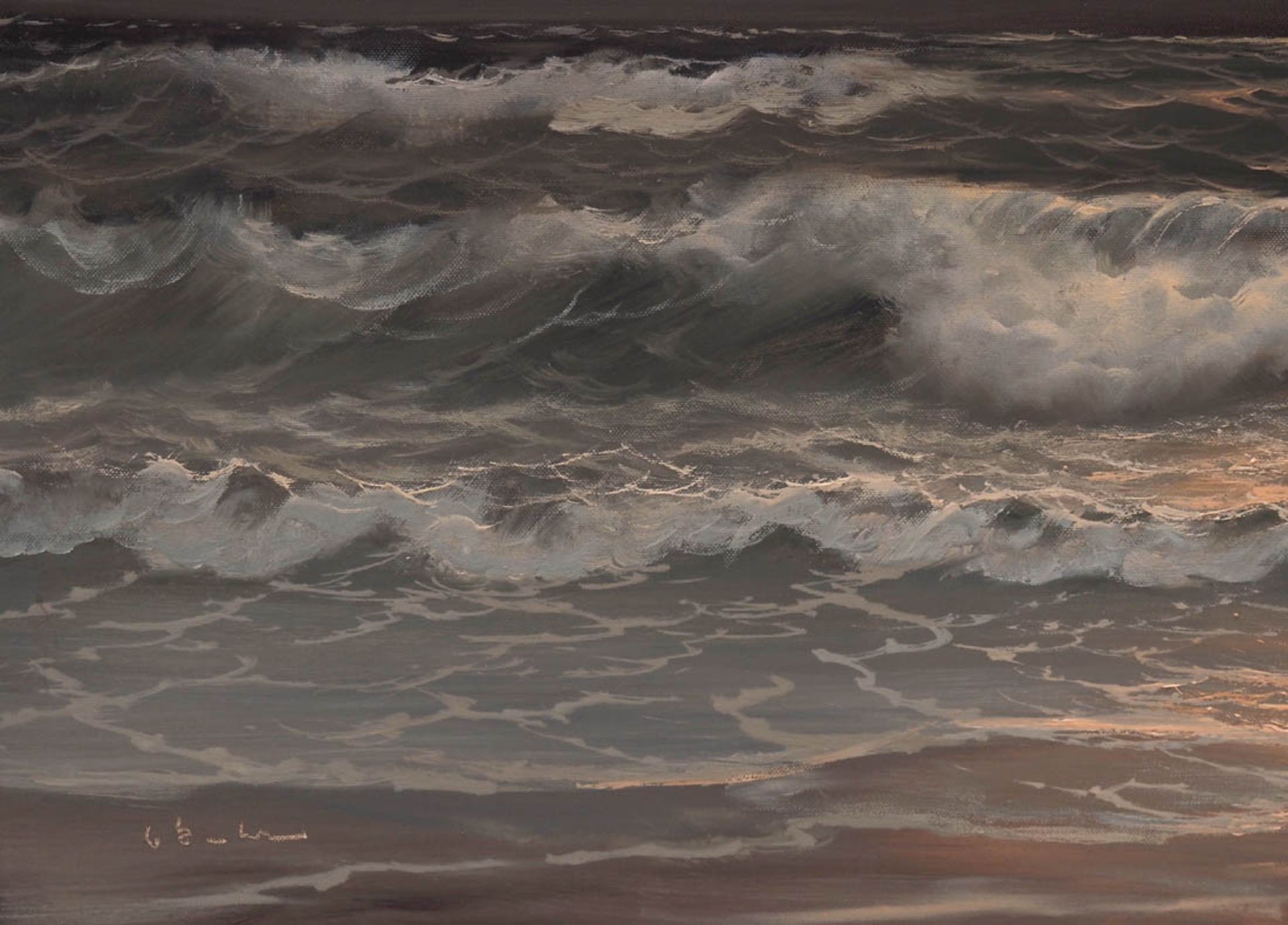 Kantor Abendstimmung am Strand, im Vordergrund brechende Wellen im Licht der untergehenden Sonne. - Bild 3 aus 6