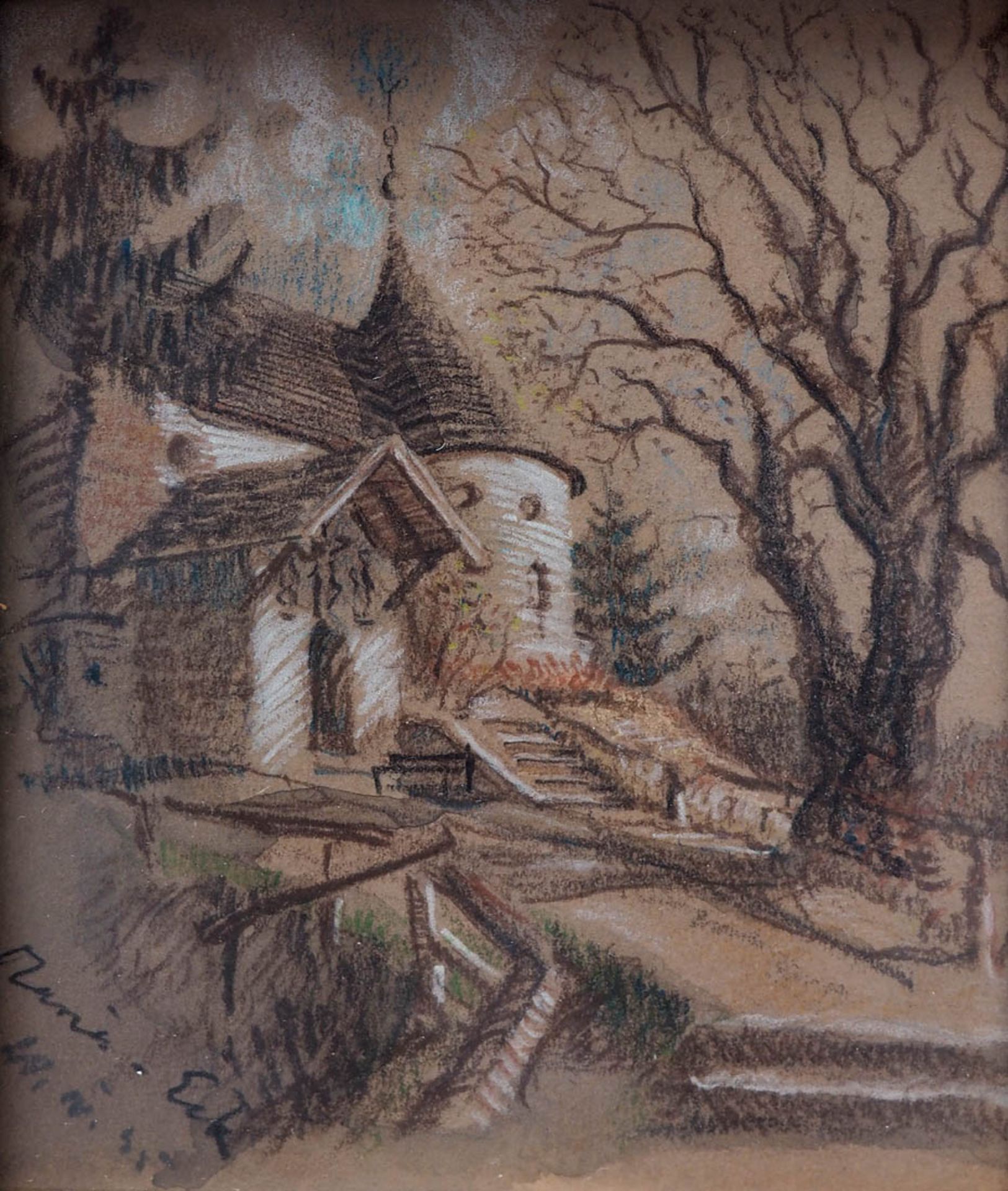 Landschafter, 19.Jhdt. Blick auf die Kirche Maria Eck. Farbkreide/Papier, links unten bez. und dat. - Bild 2 aus 2
