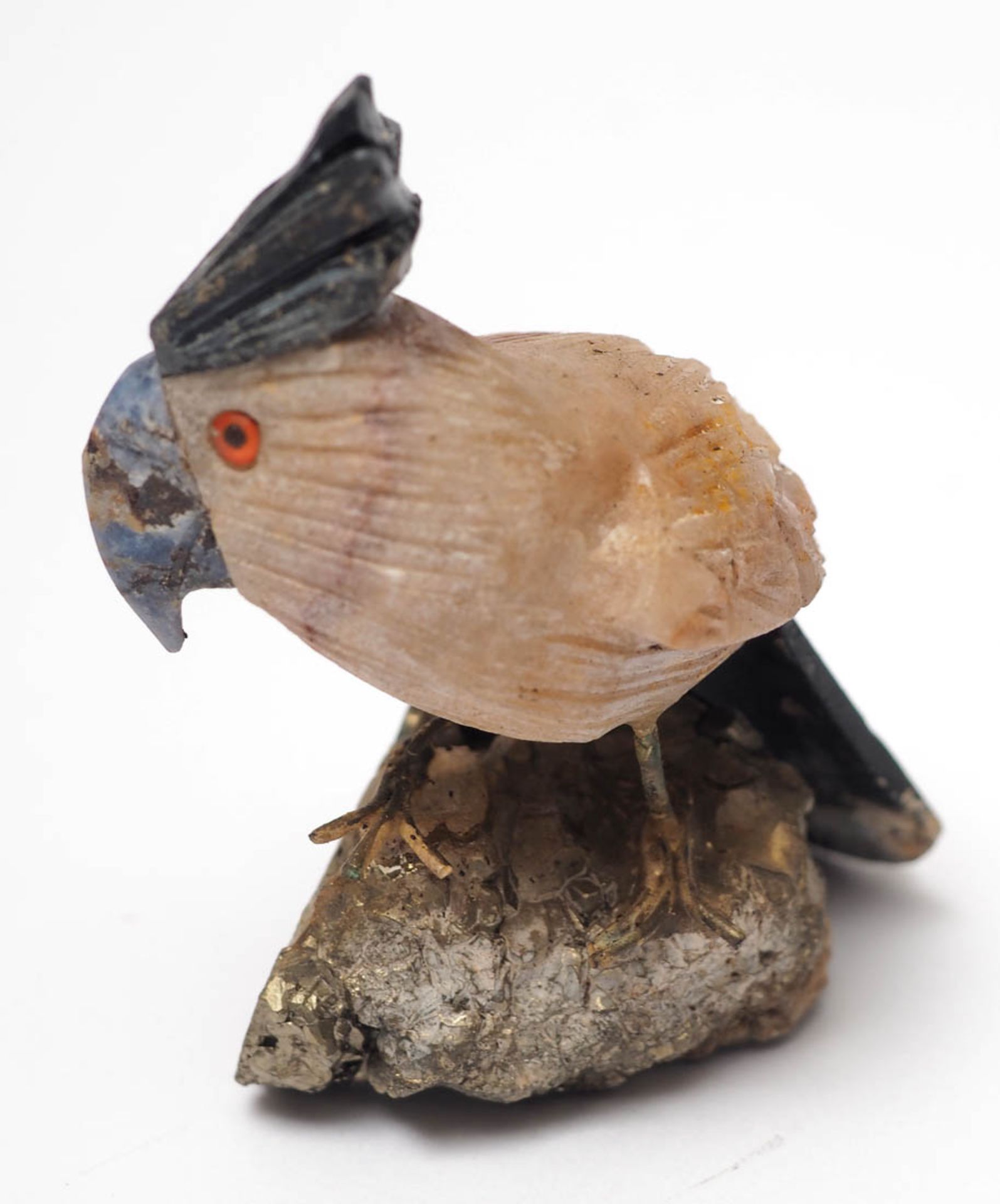 Tierfigurine Vogel aus Halbedelsteinen auf Pyritsockel. H.6cm. - Bild 2 aus 2