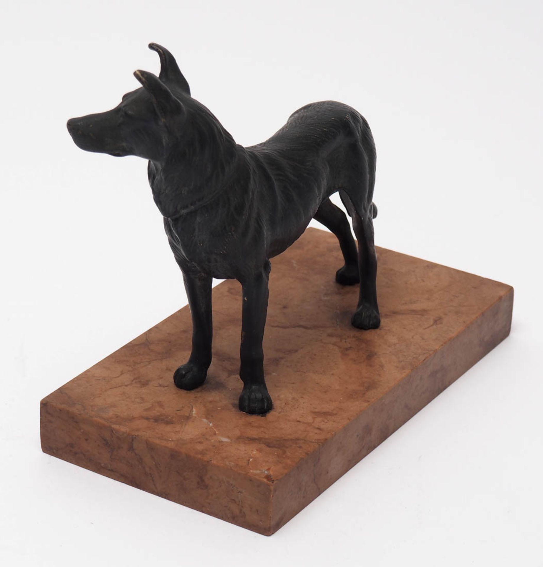 Tierfigurine Auf rotem Marmorsockel stehender Schäferhund. Bronze, schwarz patiniert. H.13cm ohne - Bild 2 aus 2