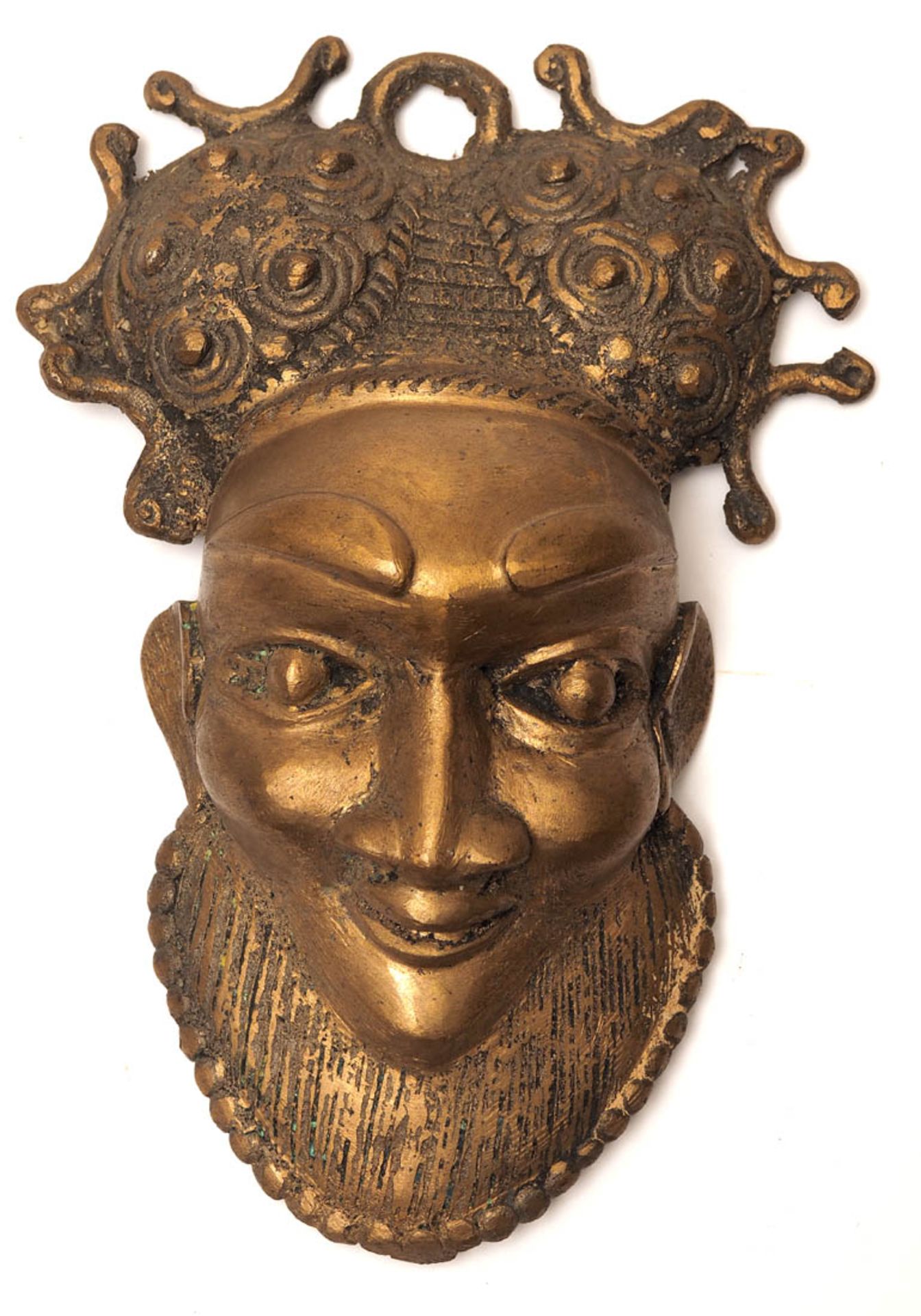 Gelbgussfigur, Ghana oder Benin Maske als Anhänger. H.18cm.