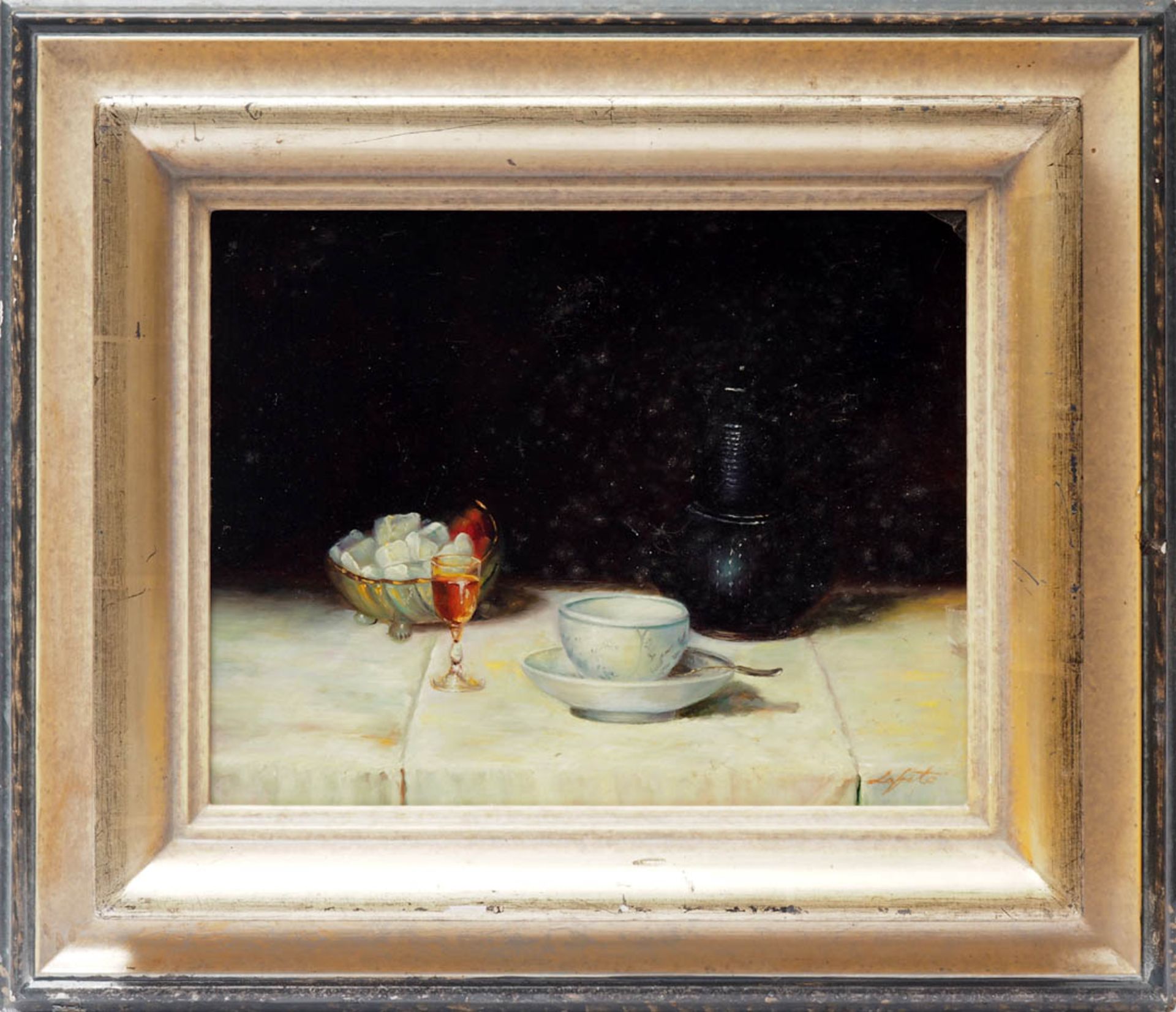 Lafite, Louis, geb. 1929 Stilleben mit Kaffeekanne, Zuckerschale, Tasse und Schnapsglas auf weißer