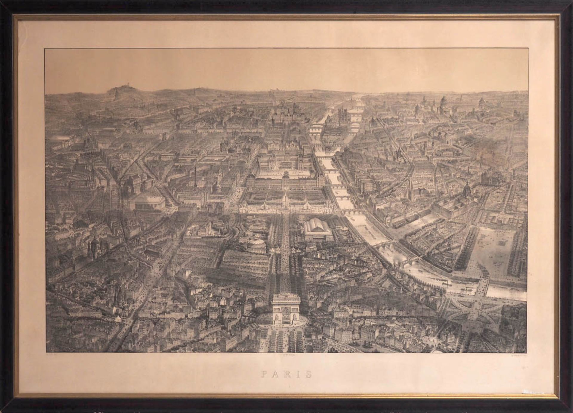 Ansicht von Paris aus der Vogelschau Lithographie. Originaler Rahmen aus der Zeit. Blattmaß 77x105.