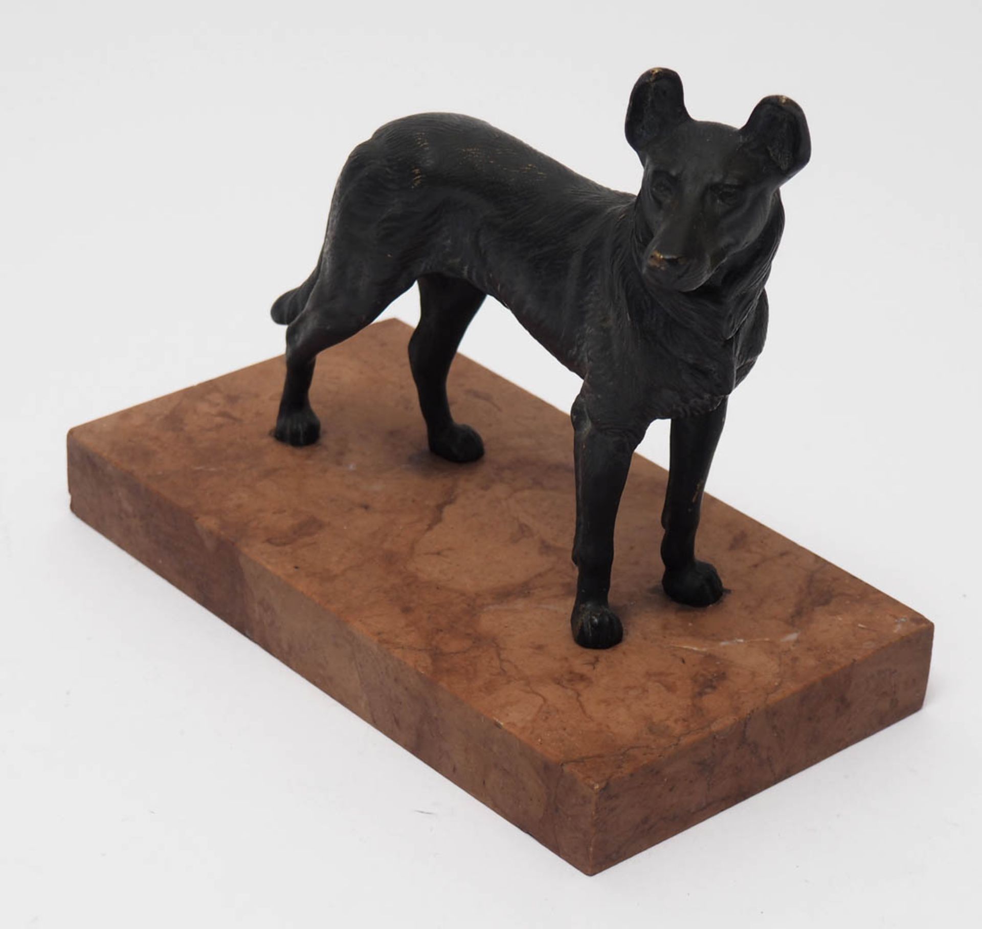 Tierfigurine Auf rotem Marmorsockel stehender Schäferhund. Bronze, schwarz patiniert. H.13cm ohne