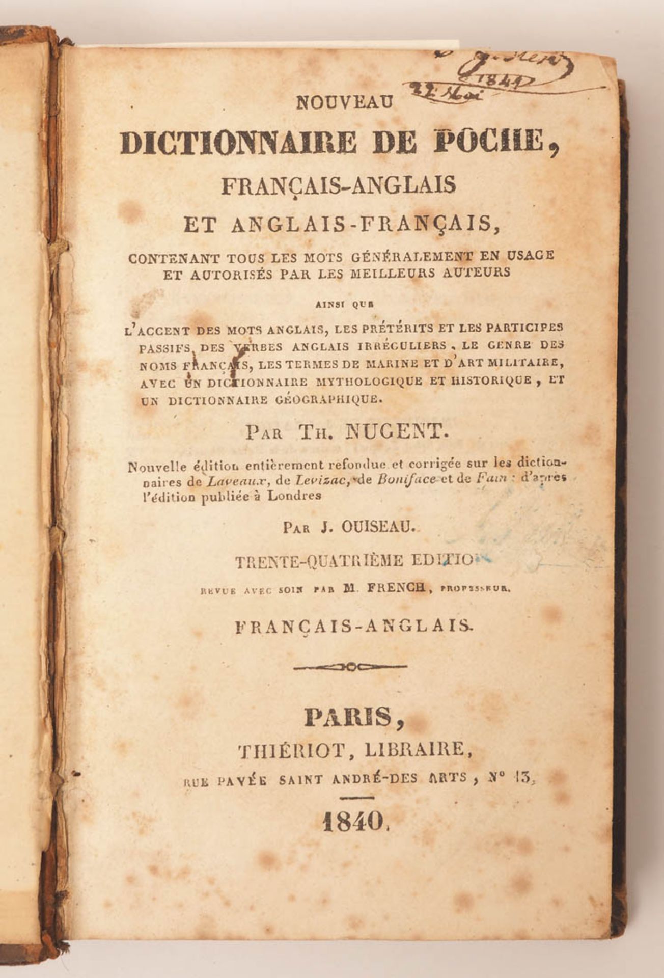 Nugant: Französisch-englisches Taschenwörterbuch, Thieriot, Paris 1840 Geprägter Ledereinband,