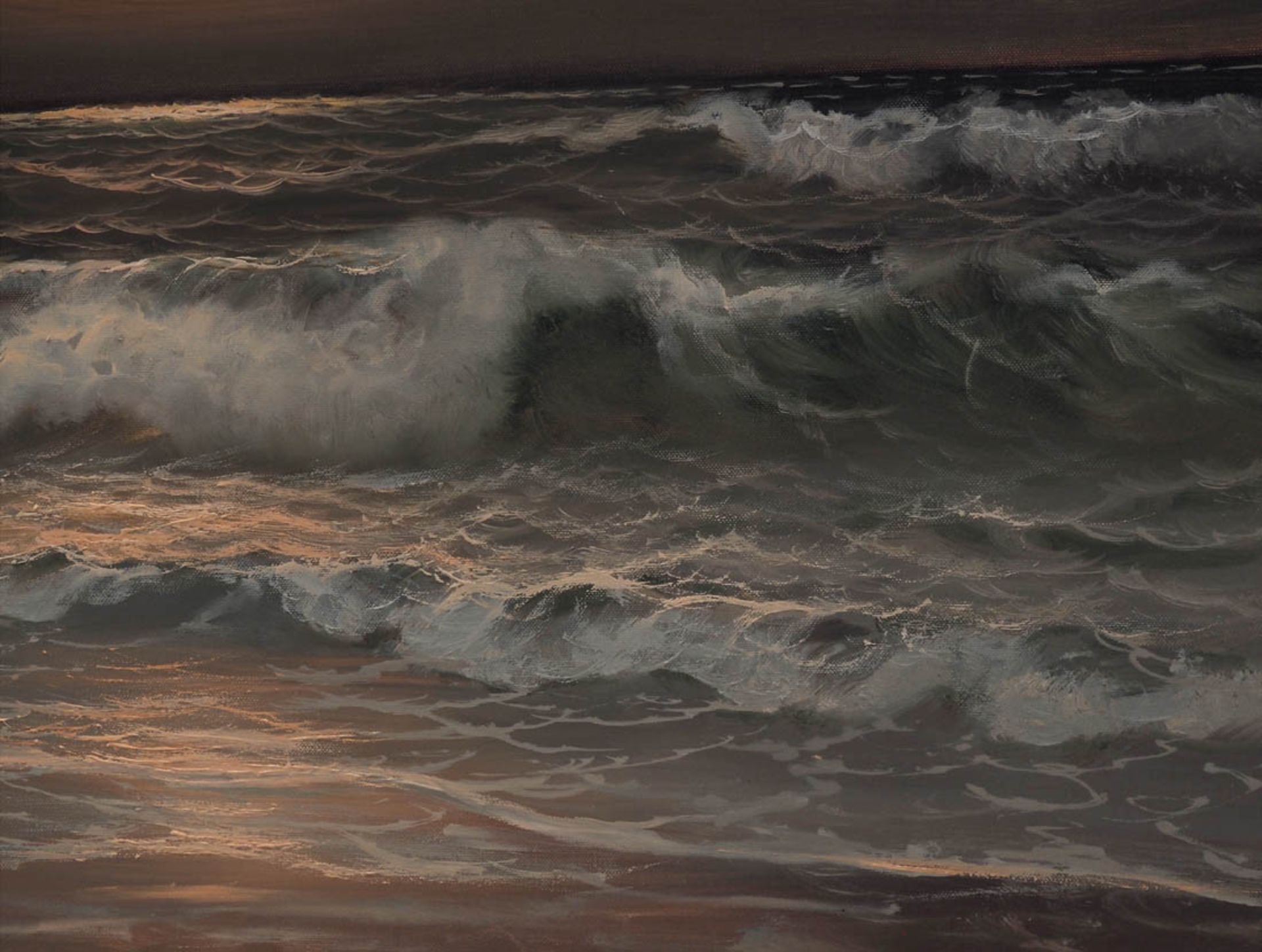 Kantor Abendstimmung am Strand, im Vordergrund brechende Wellen im Licht der untergehenden Sonne. - Bild 4 aus 6