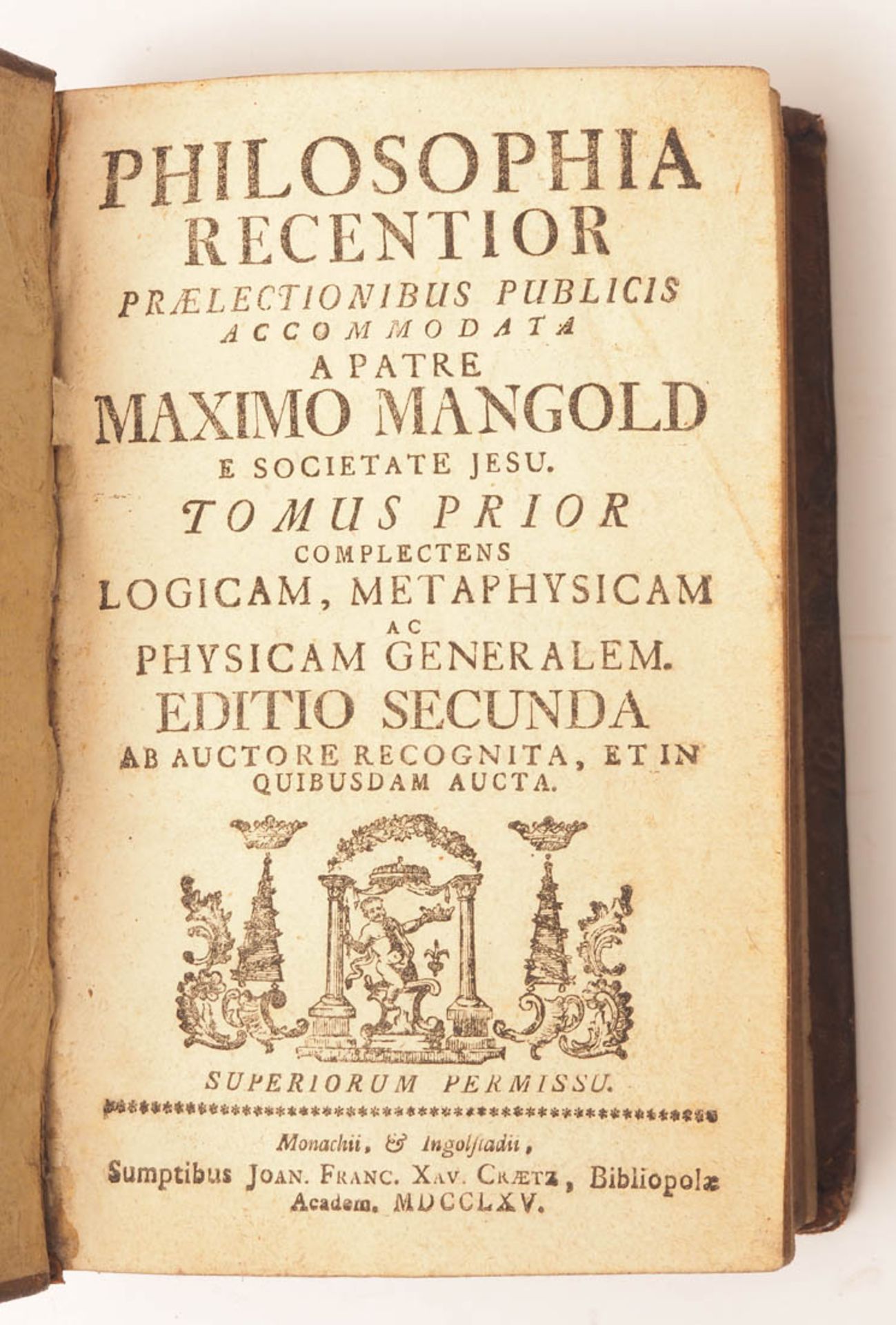 Mangold, M.: Philosophia recentior..., Craetz, Ingolstadt 1765 Band 1 und 2. Ledereinband, rot