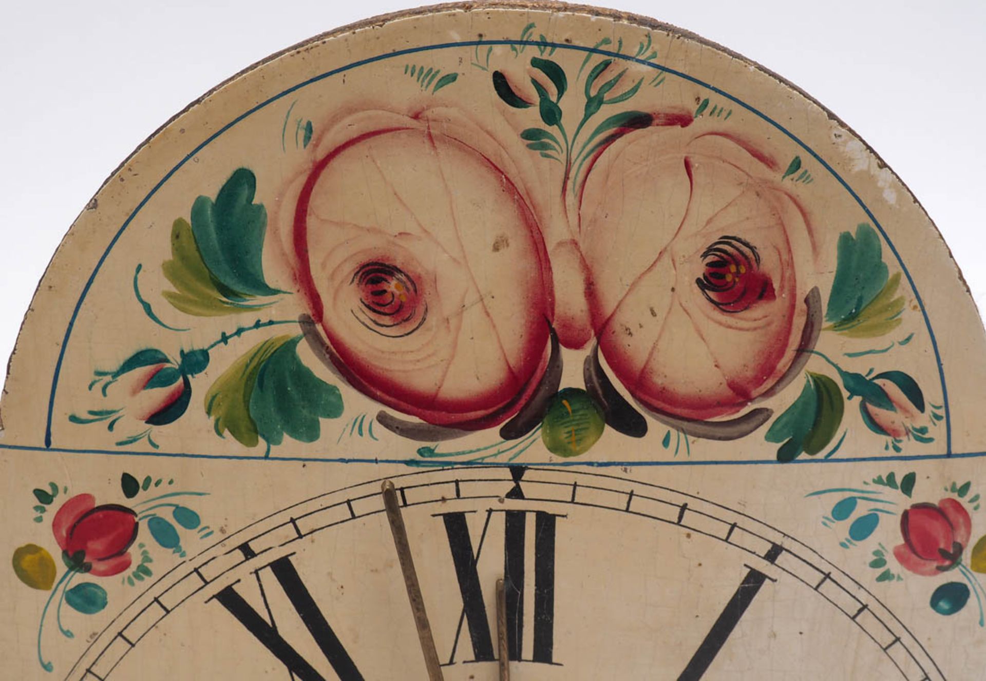 Schilderuhr, Schwarzwald Bogenschild mit Bauernrosenmalerei. Zifferblatt mit römischen ZIffern und - Bild 3 aus 3