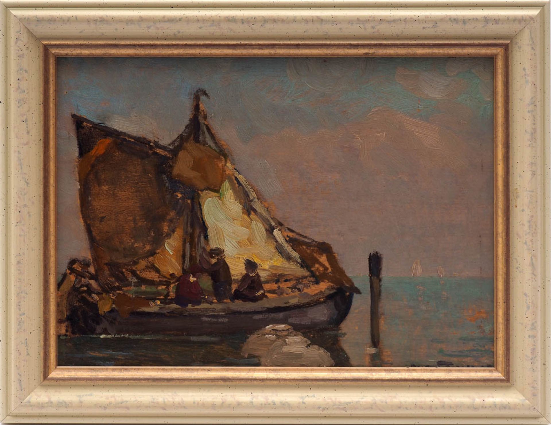Lemmer, August, geb. 1862 Fischer in ihrem Boot vor Chioggia. Öl/Kt., rechts unten sign., ger.