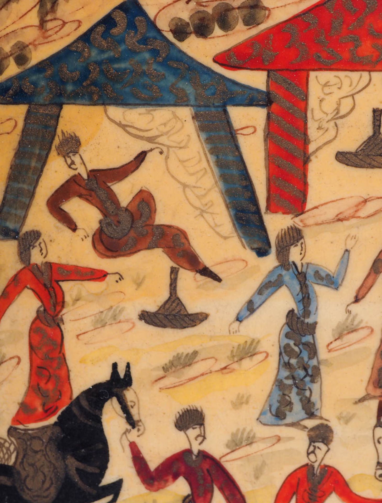 Miniaturmalerei, Persien Partie in einem Zeltlager mit Reitern und Tänzerinnen. Mischtechnik auf - Bild 2 aus 2