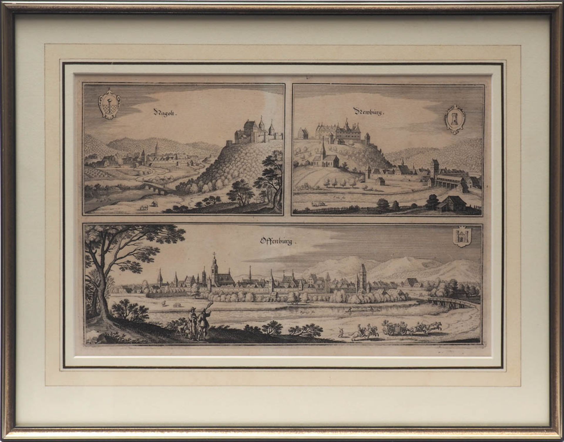 Merian, Matthäus I, 1593-1650 Ansichten von Nagold, Neuburg und Offenburg mit den Stadtwappen.