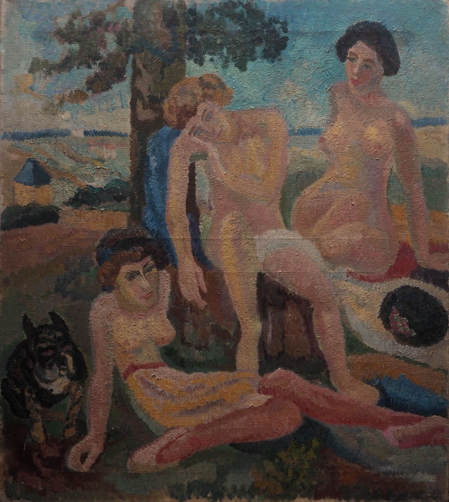 Mez, Alfred,1887 - 1955 Drei unbekleidete Mädchen unter einem Baum vor weiter Landschaft, neben