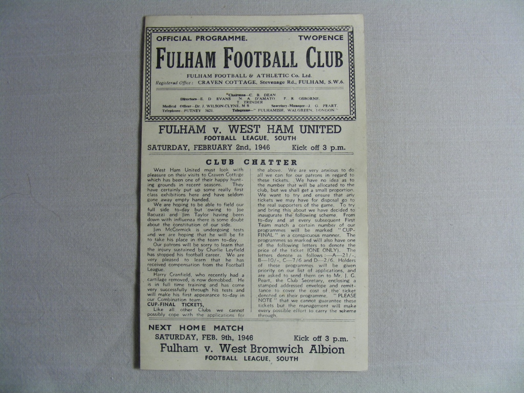 Football Programme: 1946 Fulham v West Ham