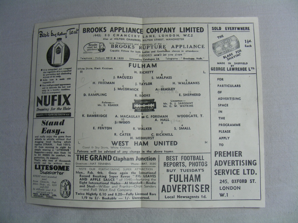 Football Programme: 1946 Fulham v West Ham - Image 2 of 3