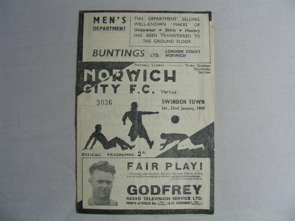 Football Programme, Norwich v Swindon 1949