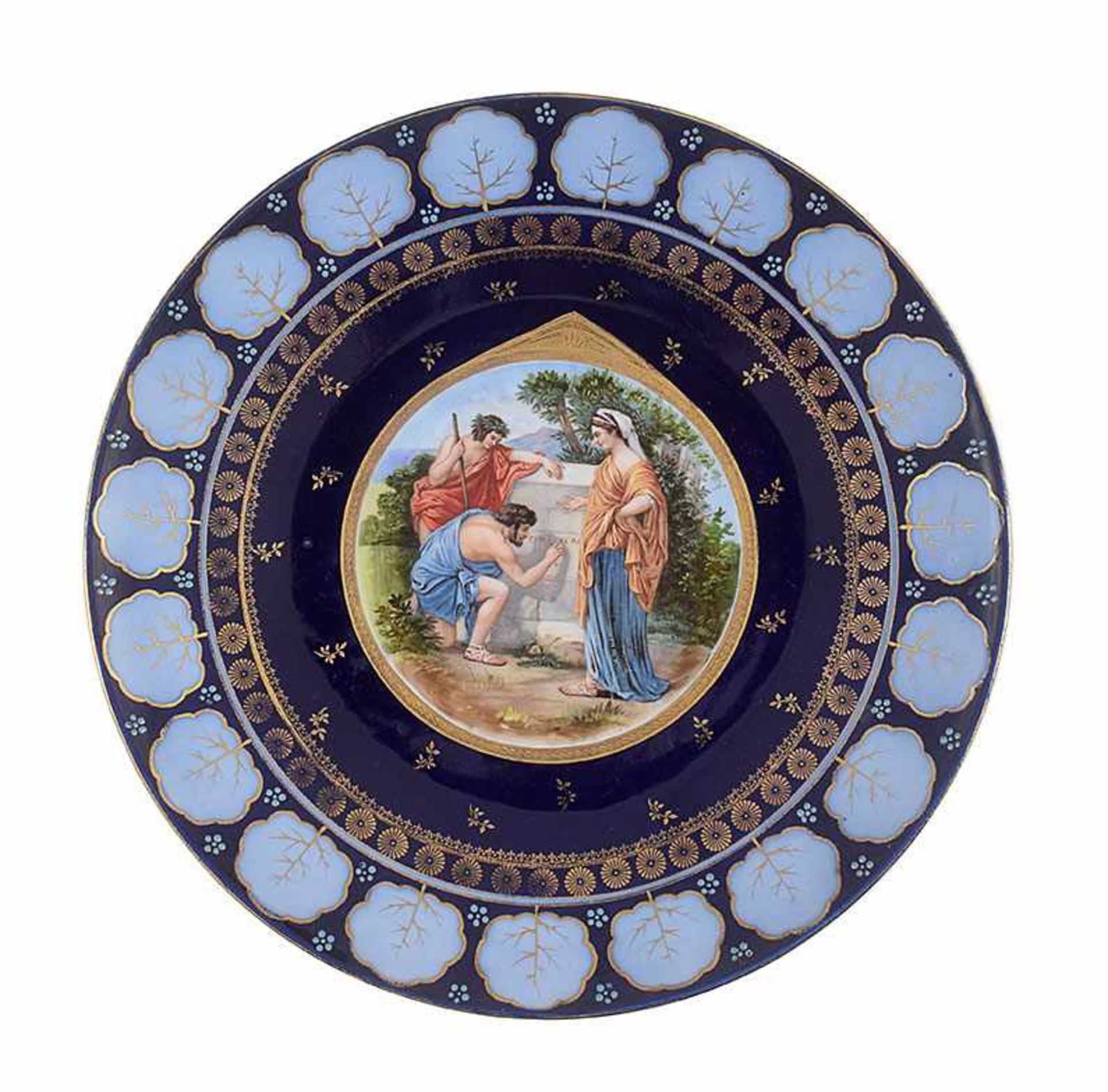 A large Vienna polychrome porcelain plate painted with an allegorical scene with classical