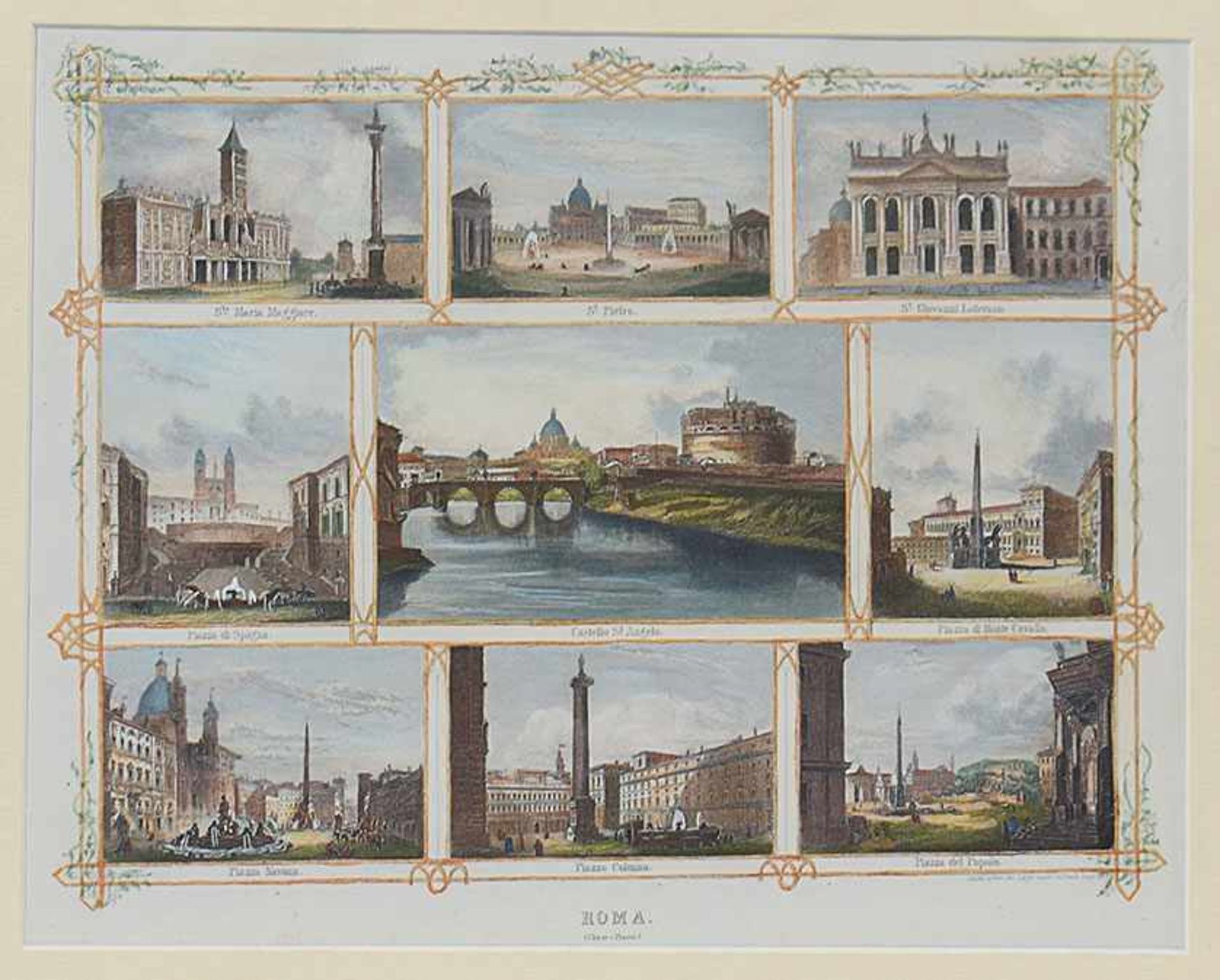 A pair of watercolored engravings with nine views of Rome each, 22by30cm. - Bild 3 aus 3