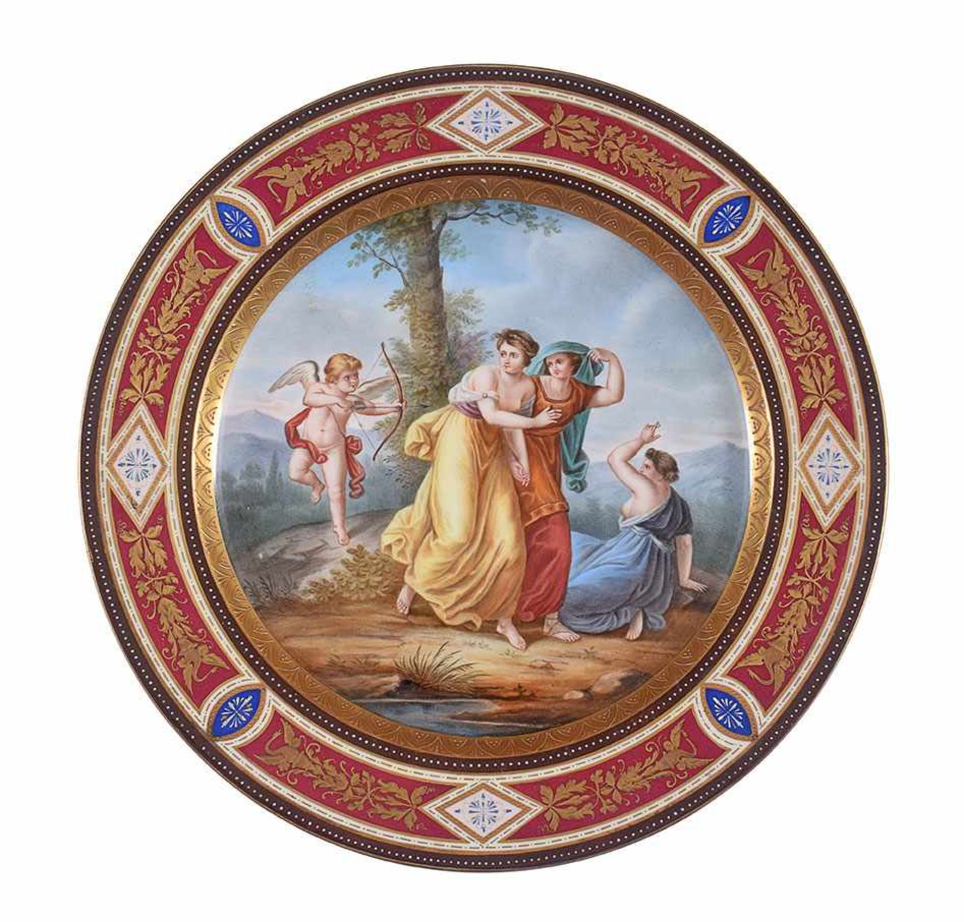 A large Vienna polychrome porcelain plate painted with an amorous allegory with Cupid, 19th century,