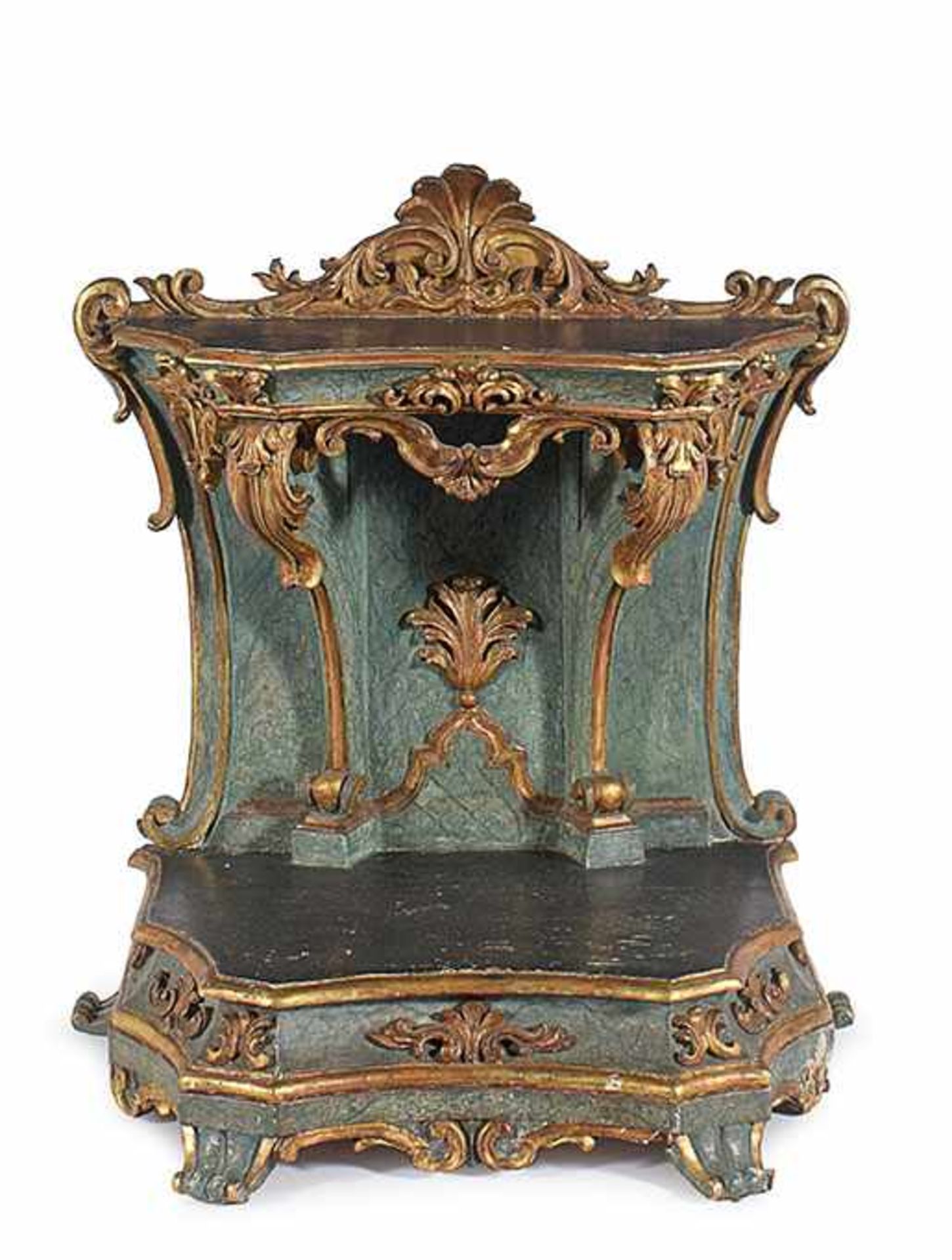 A Louis XV Roman lacquered and gilt wood faldstool 99x87x57cm. (some lacquer restorations)