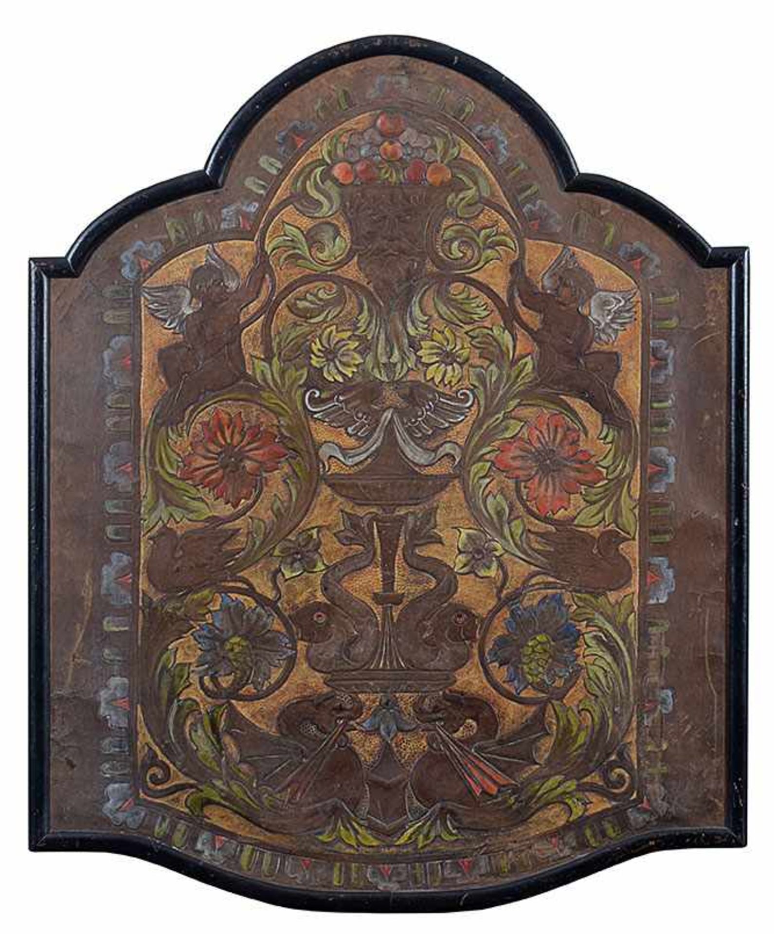 An old Cordoba polychrome leather panel 97by80cm.