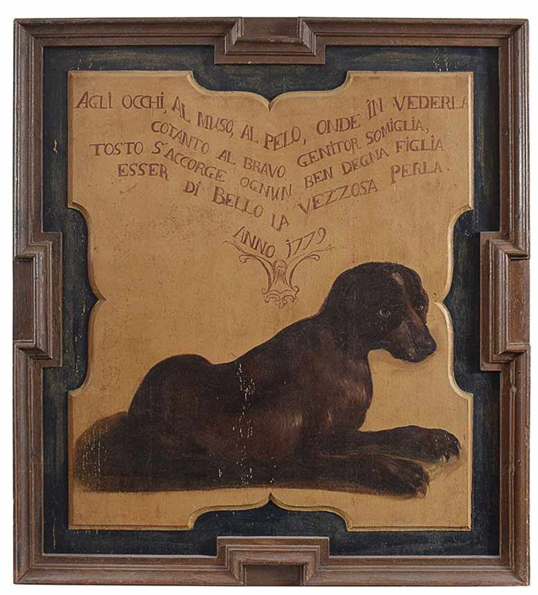 Venetian painter, 18th century A sitting hunting dog, 1779 oil on wood, total measures 100by90cm.