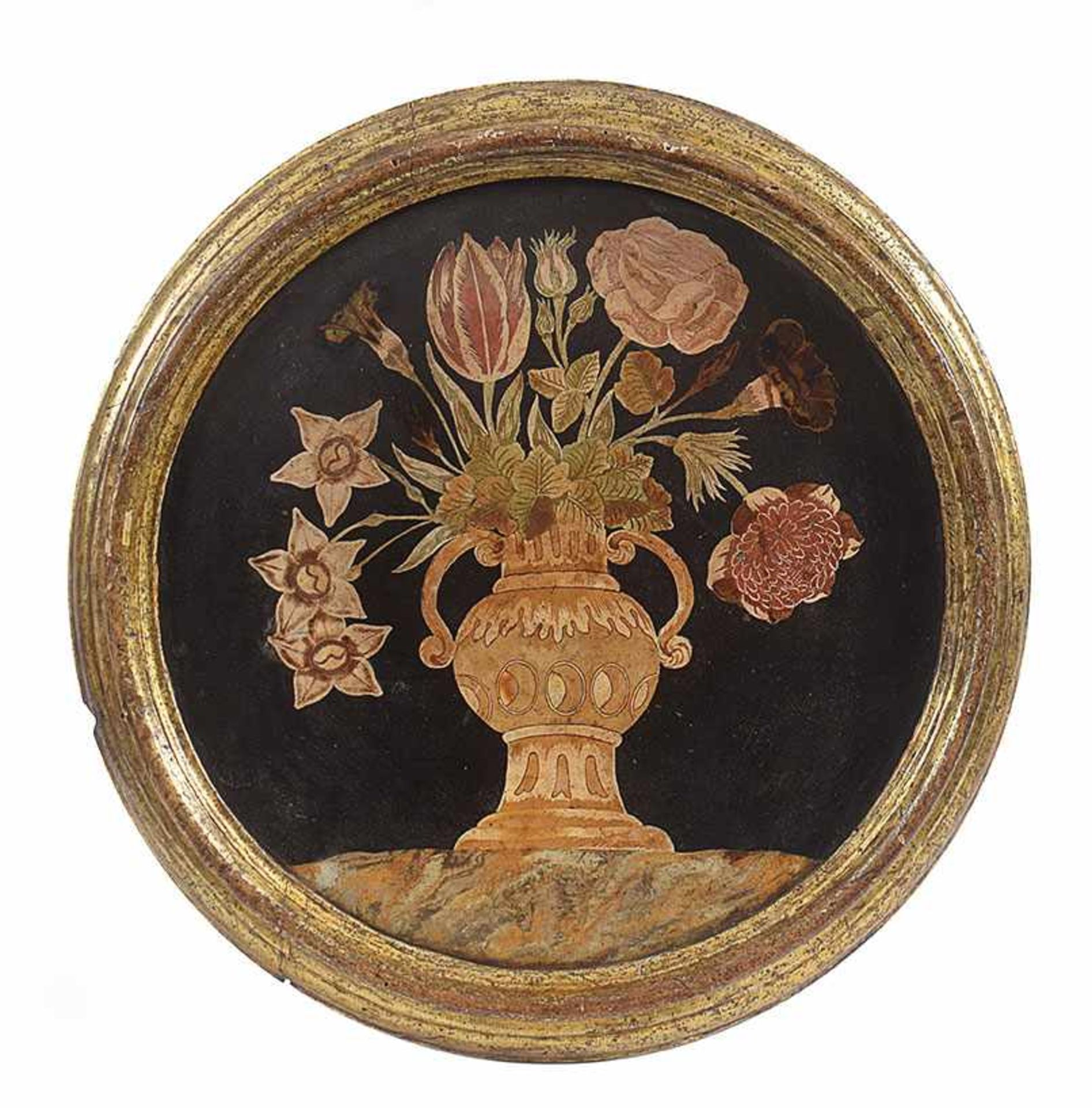 A pair of tuscan scagliola circular medallions each representing a flower vase, 18th century, - Bild 3 aus 3