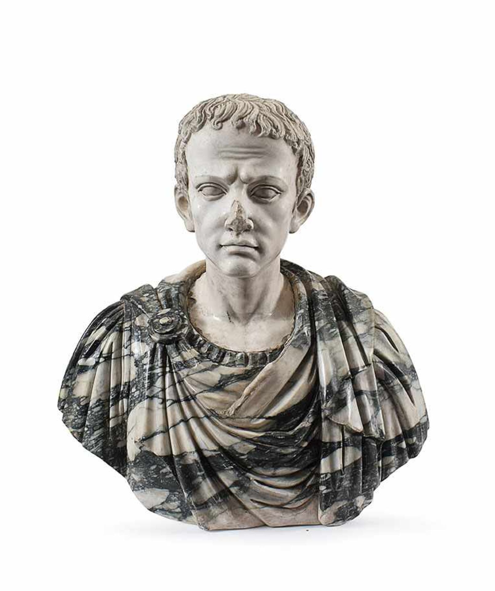 A white marble and Seravezza breccia chest of Julius Caesar 76cm. high