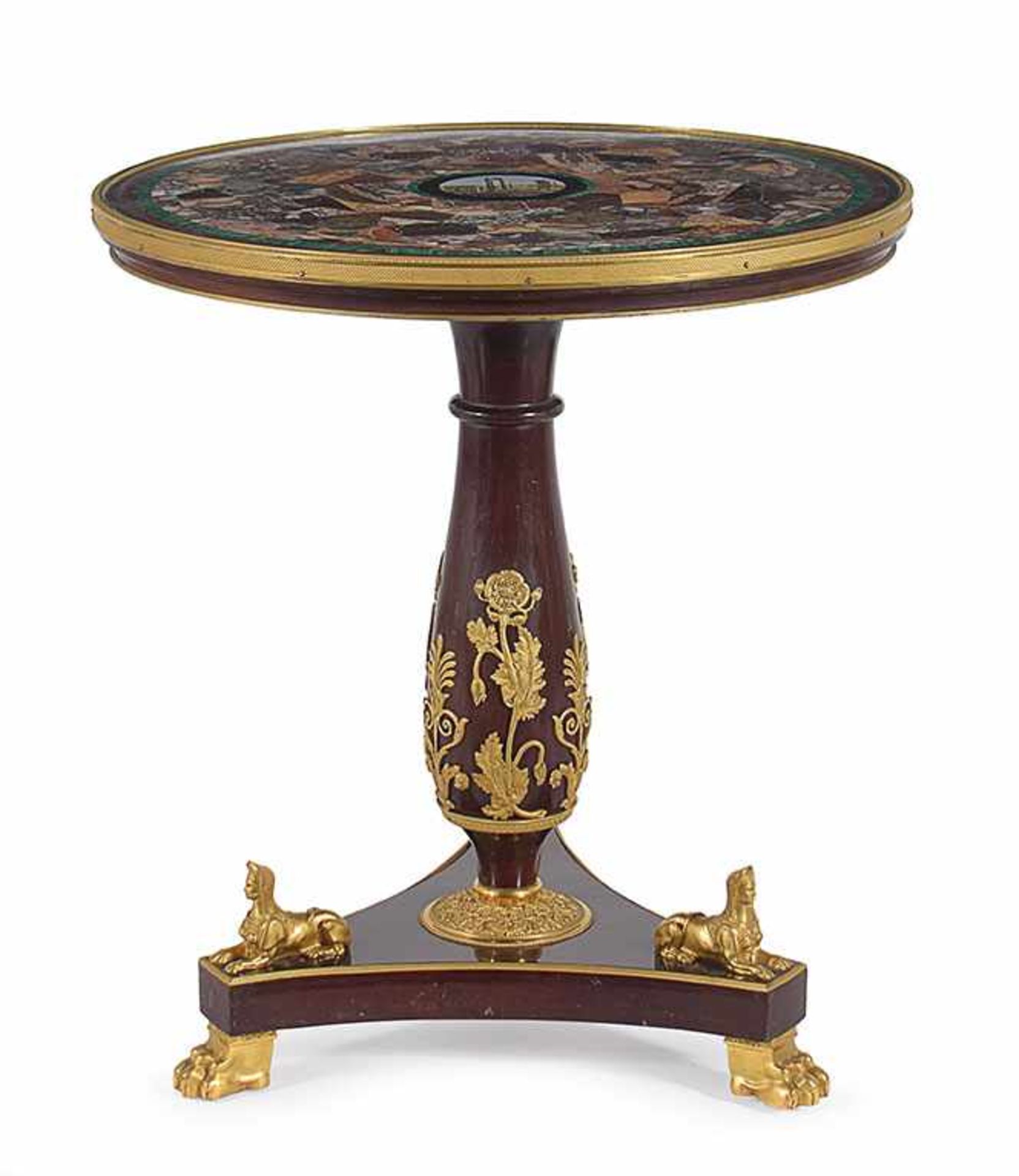 An elegant Roman mahogany and gilt bronze table with a circular polychrome marbles top centered by a