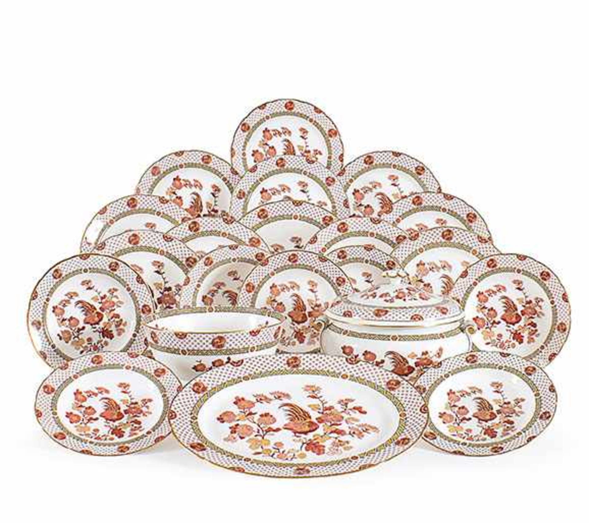 A Wedgwood Golden Cockerel bone china dinner service comprising: 24 dinner plates, 12 soup plates,