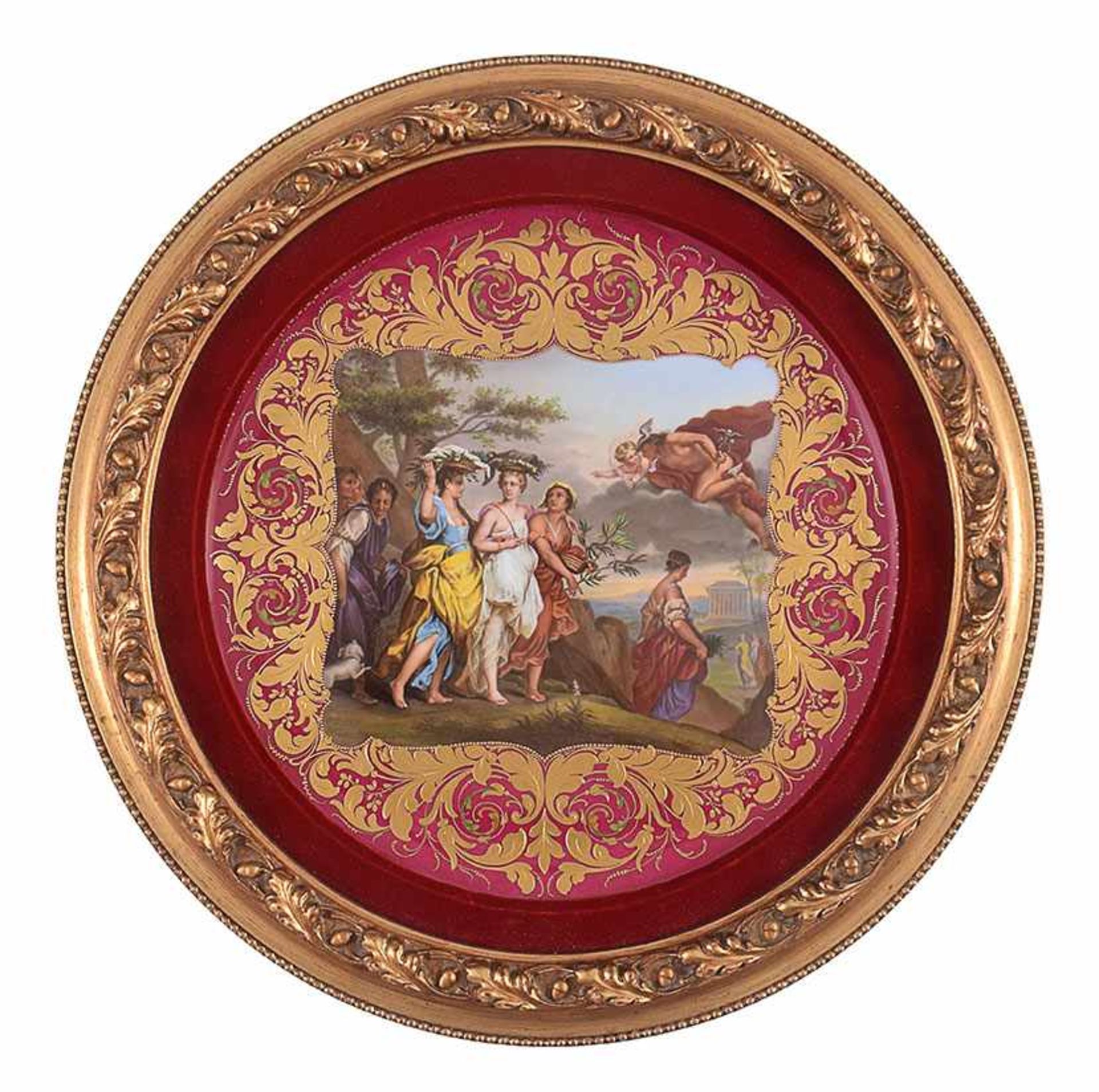 A large Vienna polychrome porcelain plate painted with the scene of Mercury and Erse, 19th