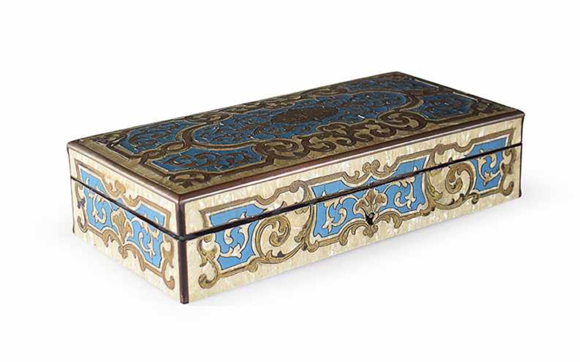 A mother of pearl, enamel and gilt copper inlaid sewing box containing 20 tools in mother of