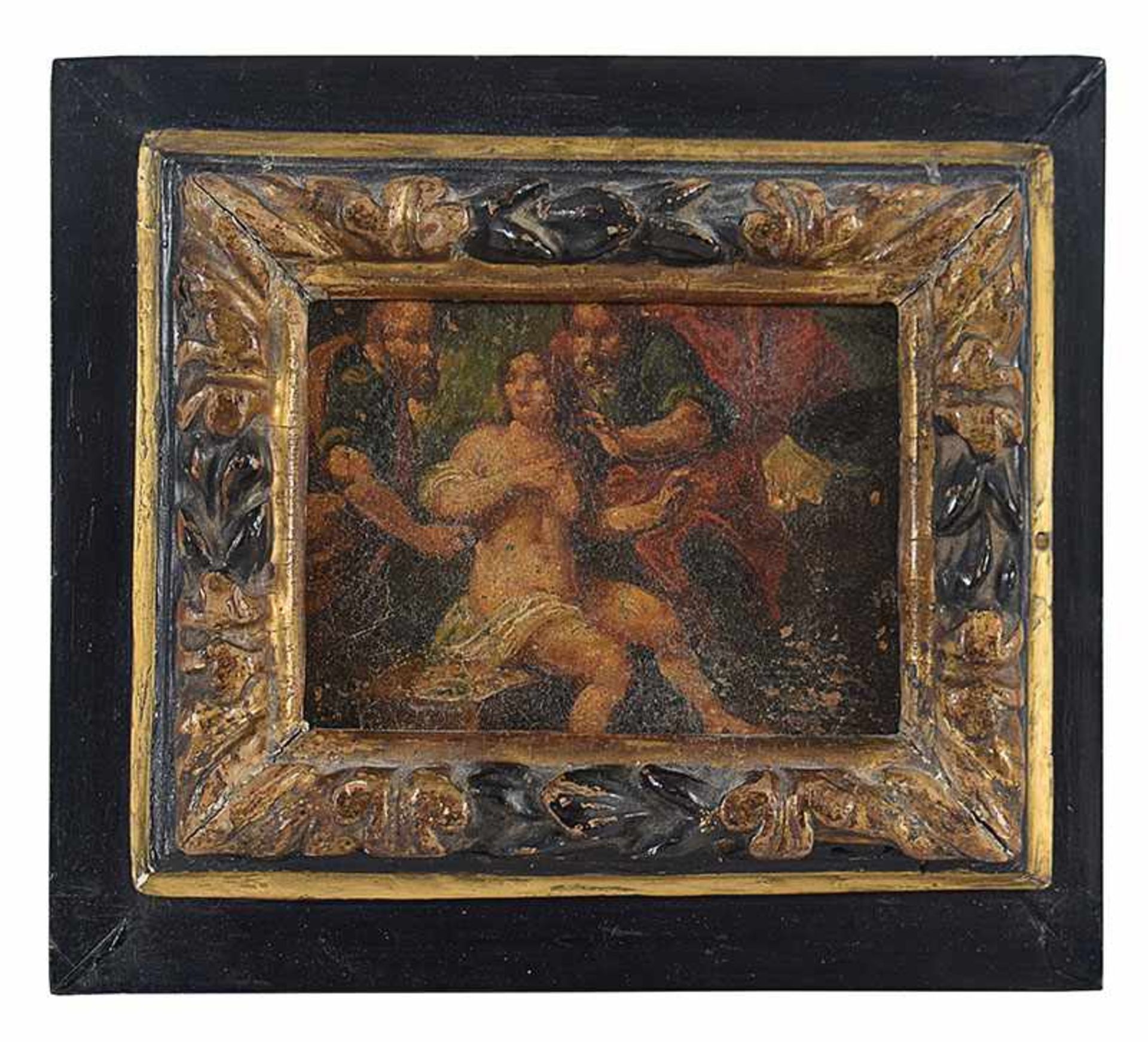 Painter, 17th century Susanna and the Elders br> olio on copper, 11by14,5cm. (some lacks)